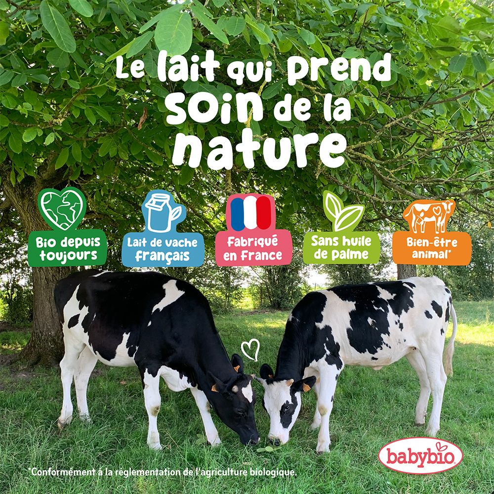 Deux vaches noires et blanches dans un pré. Le texte "Le lait qui prend soin de la nature" est en haut.