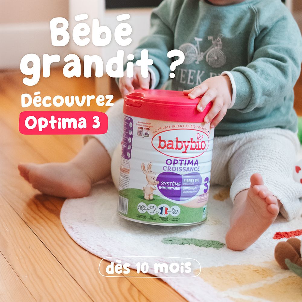 Lait infantile Babybio Optima 3 en boîte blanche à couvercle rouge. Texte : 'Optima Croissance'.