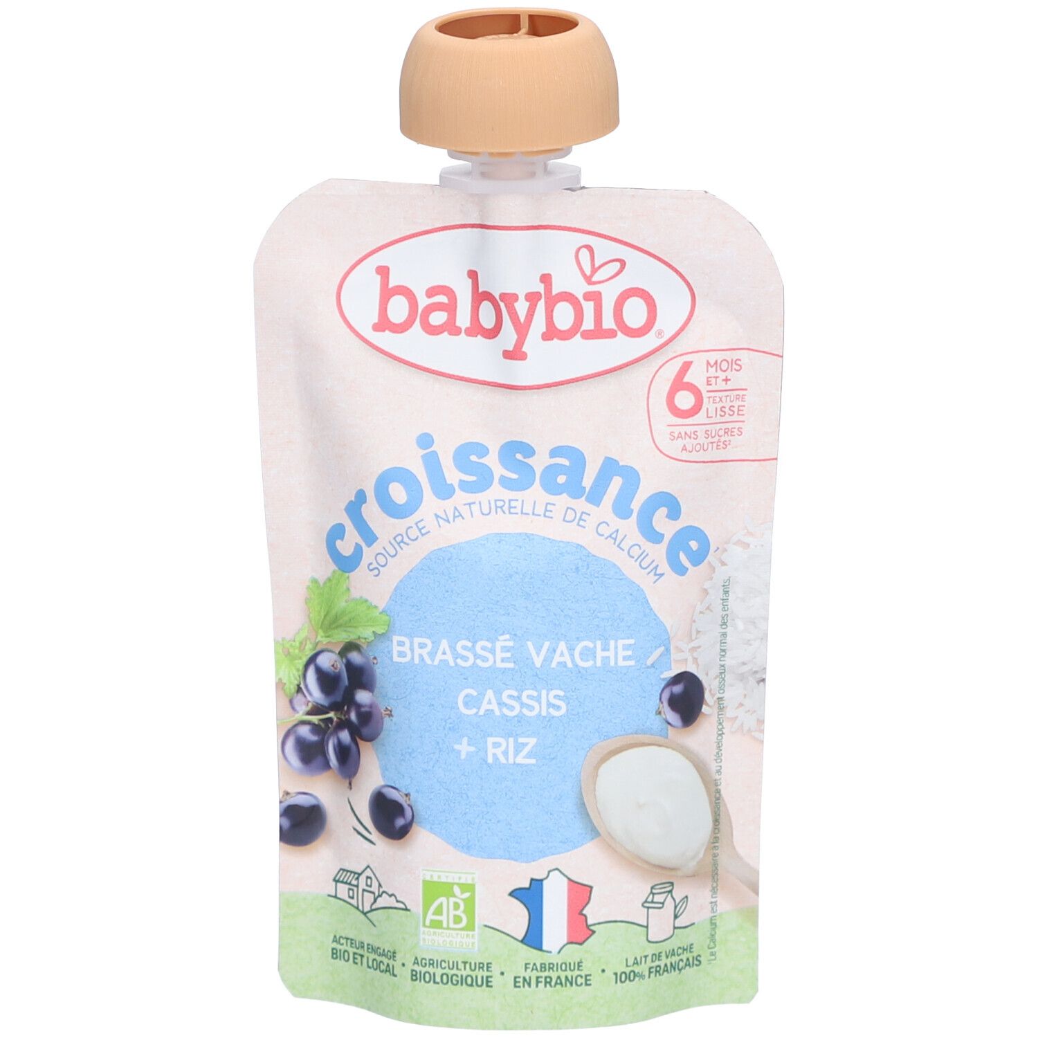 Sachet Babybio 'Croissance', illustration de cassis, texte 'Brassé Vache Cassis + Riz'. Logo AB, origine France.
