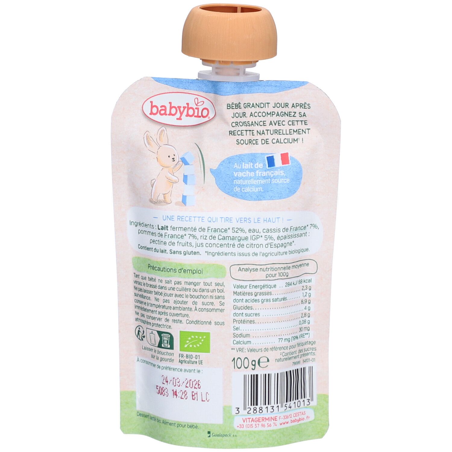 Dos du sachet avec texte, informations nutritionnelles et logo. Contient du texte en français.
