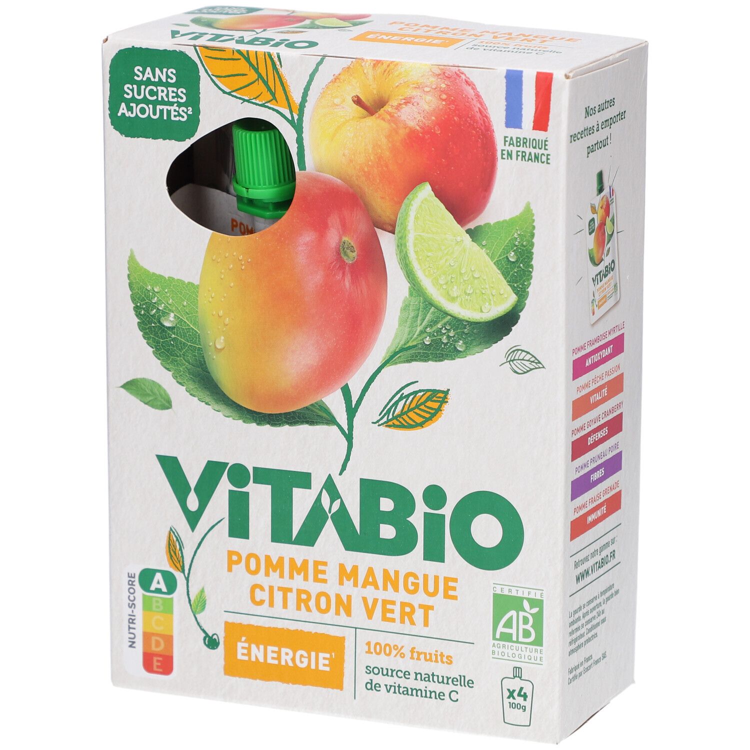 Boîte de purées de fruits VITABIO. Pomme, mangue, citron vert. 4 gourdes. Sans sucres ajoutés. Fabriqué en France. Label bio.