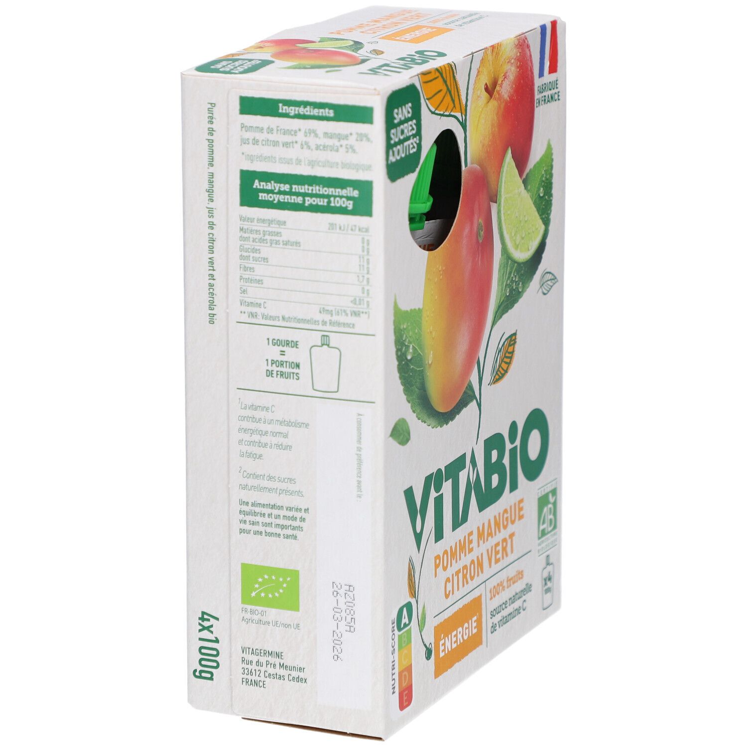Boîte de purées de fruits VITABIO. Liste des ingrédients et informations nutritionnelles. 4 gourdes de 100g. Label bio. Date de péremption.