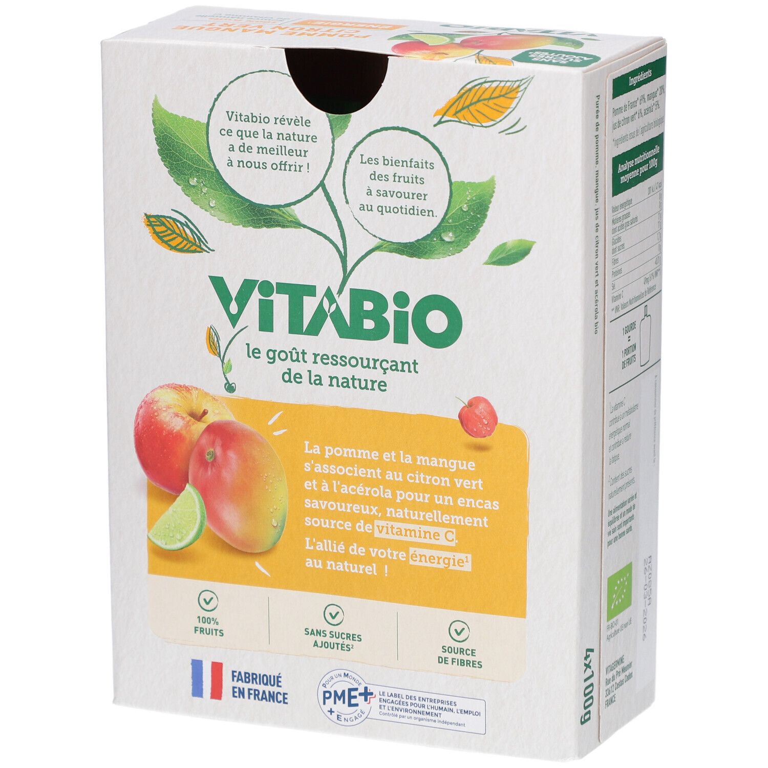 Boîte de purées de fruits VITABIO. Pomme, mangue, citron vert. 4 gourdes. Sans sucres ajoutés. Fabriqué en France. Label bio.