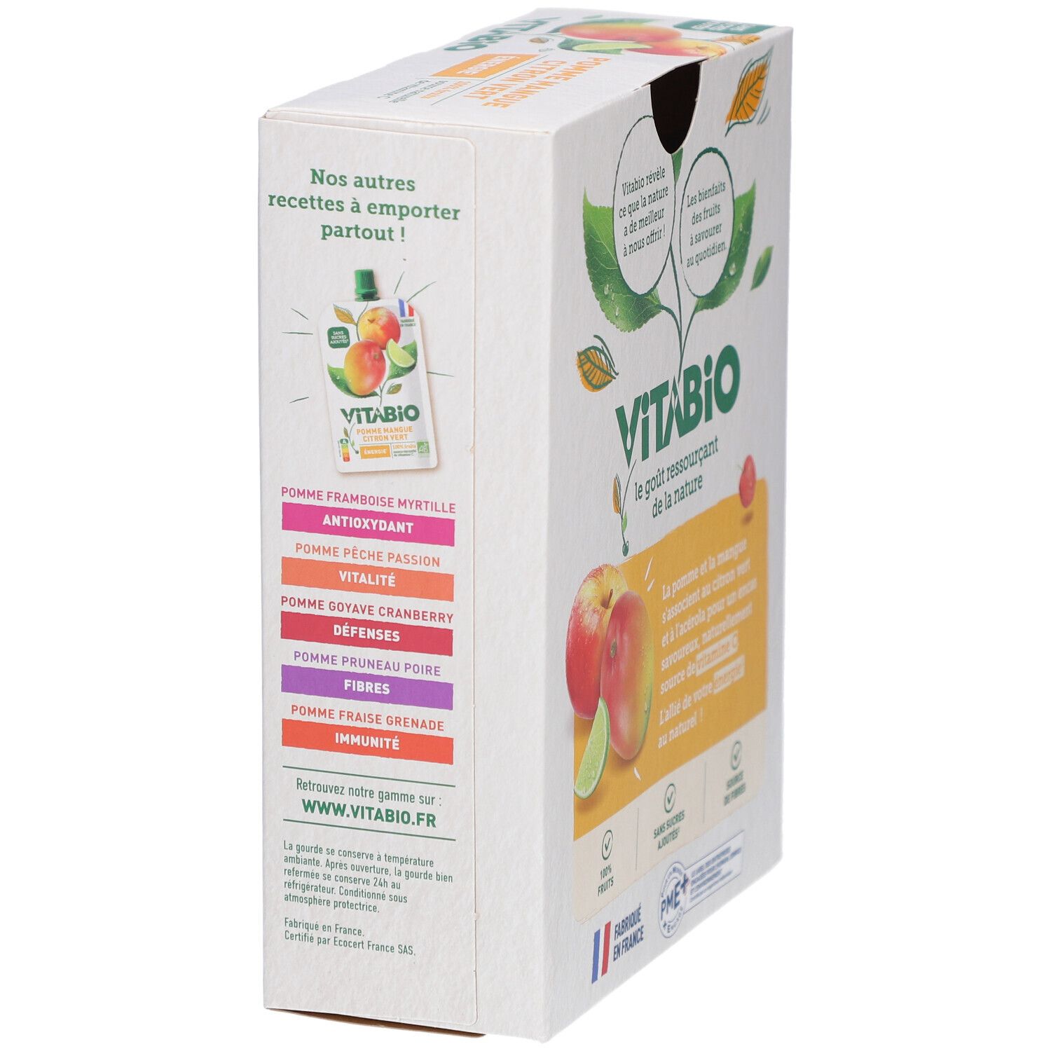Boîte de purées de fruits VITABIO. Différentes saveurs. 4 gourdes de 100g. Fabriqué en France. Label bio.