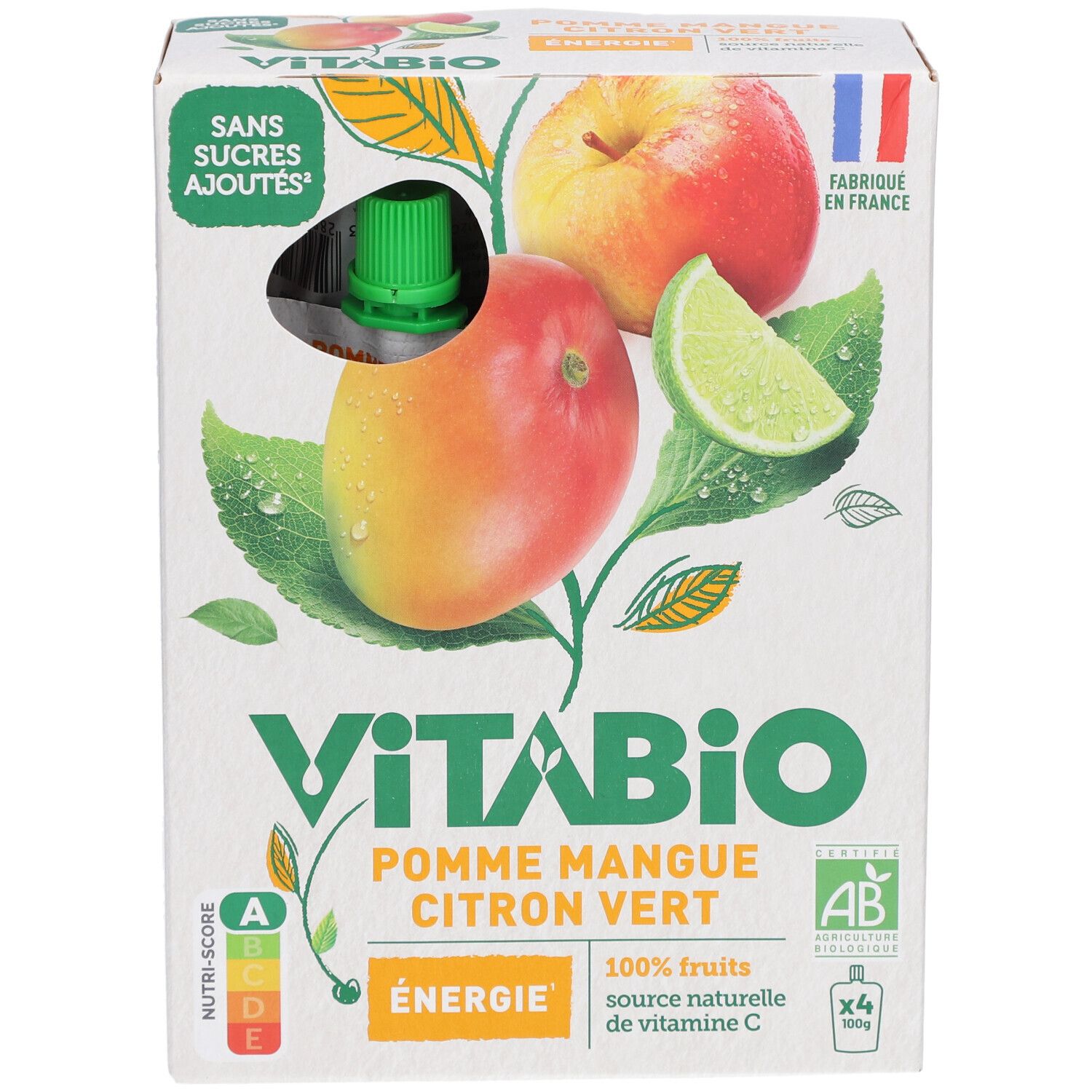 Boîte de purées de fruits VITABIO. Pomme, mangue, citron vert. 4 gourdes. Sans sucres ajoutés. Fabriqué en France. Label bio.