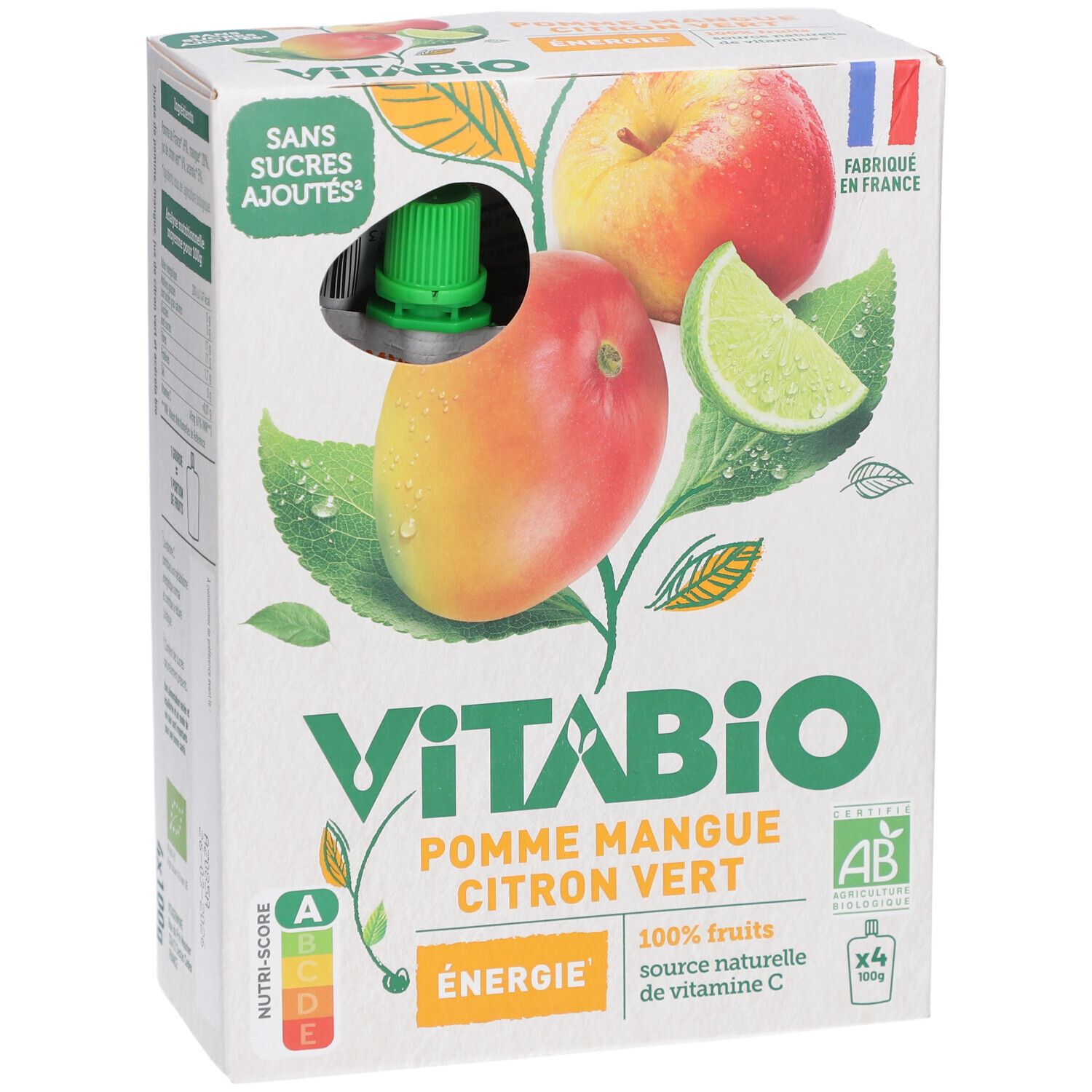 Boîte de purées de fruits VITABIO. Pomme, mangue, citron vert. 4 gourdes. Sans sucres ajoutés. Fabriqué en France. Label bio.
