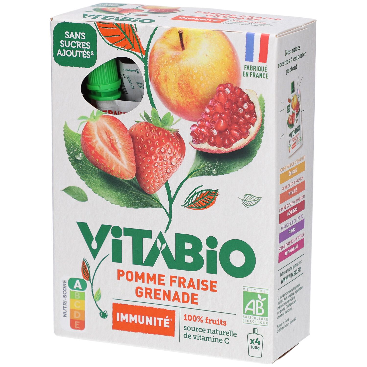 Boîte de VITABIO Gourdes de Fruits Pomme Fraise Grenade. Contient 4 gourdes. Label AB et drapeau français.
