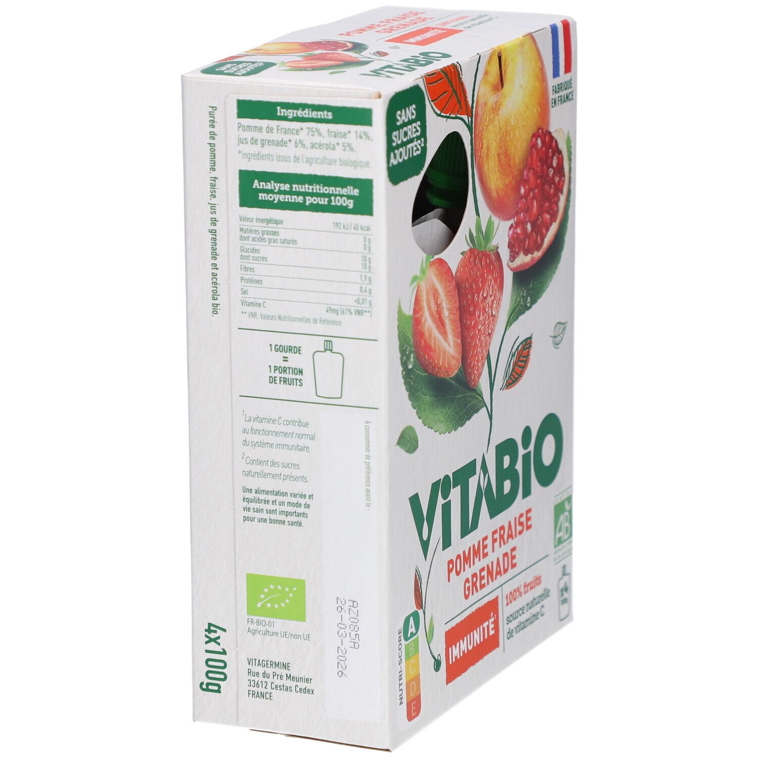 Boîte VITABIO Gourdes de Fruits Pomme Fraise Grenade. Informations nutritionnelles et liste des ingrédients. Label AB.