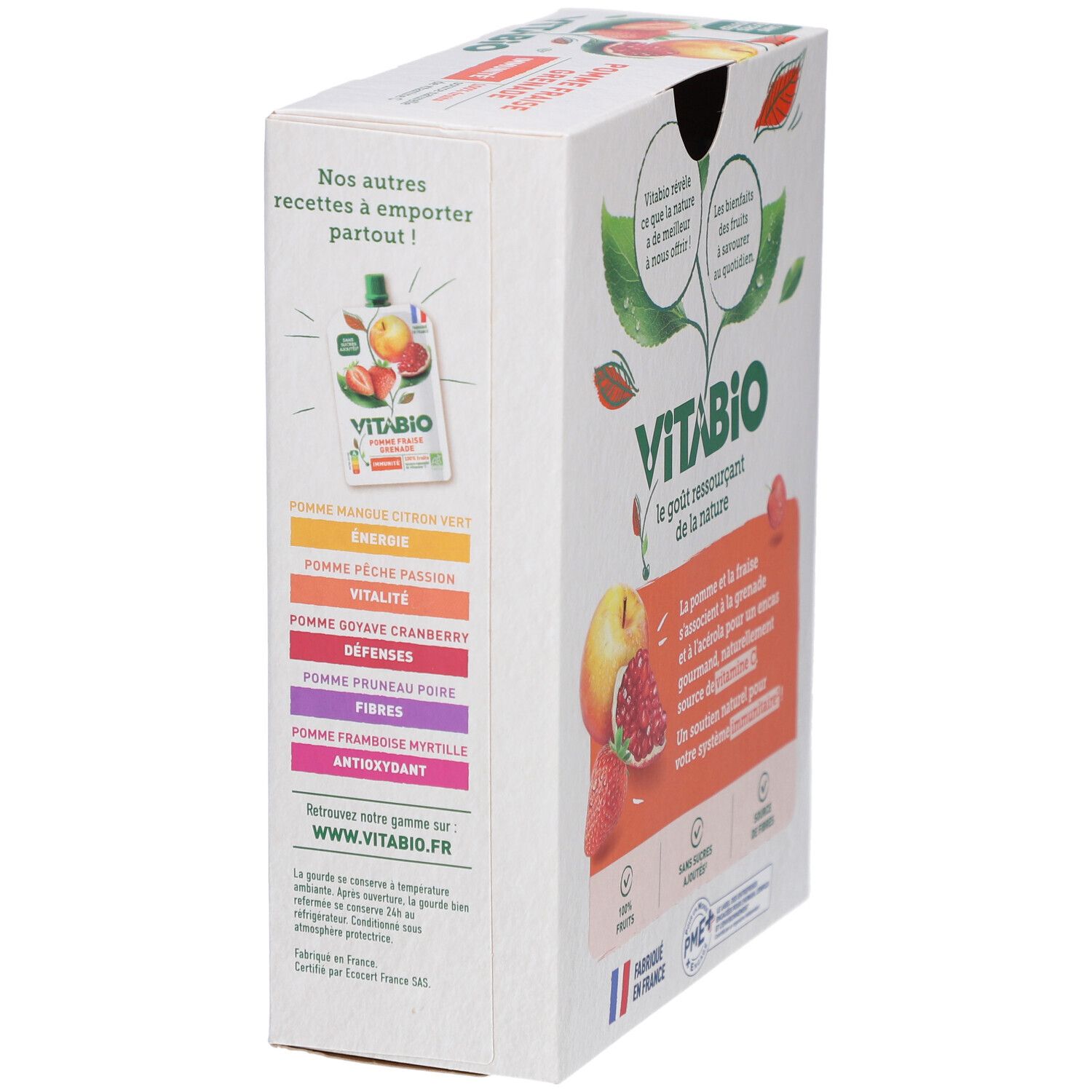 Boîte VITABIO Gourdes de Fruits Pomme Fraise Grenade. Verso avec variantes de produits. Drapeau français.