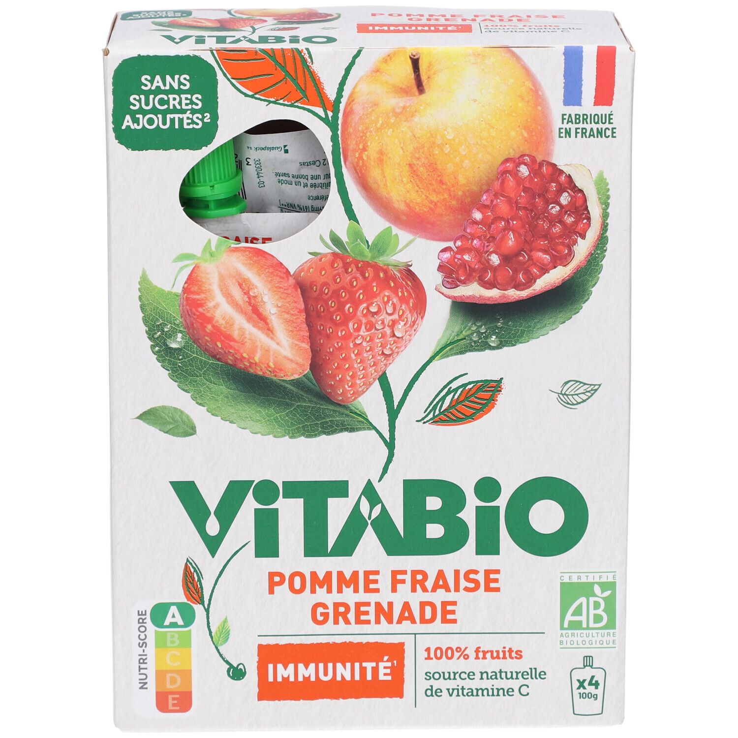Boîte de VITABIO Gourdes de Fruits Pomme Fraise Grenade. Contient 4 gourdes. Label AB et drapeau français.
