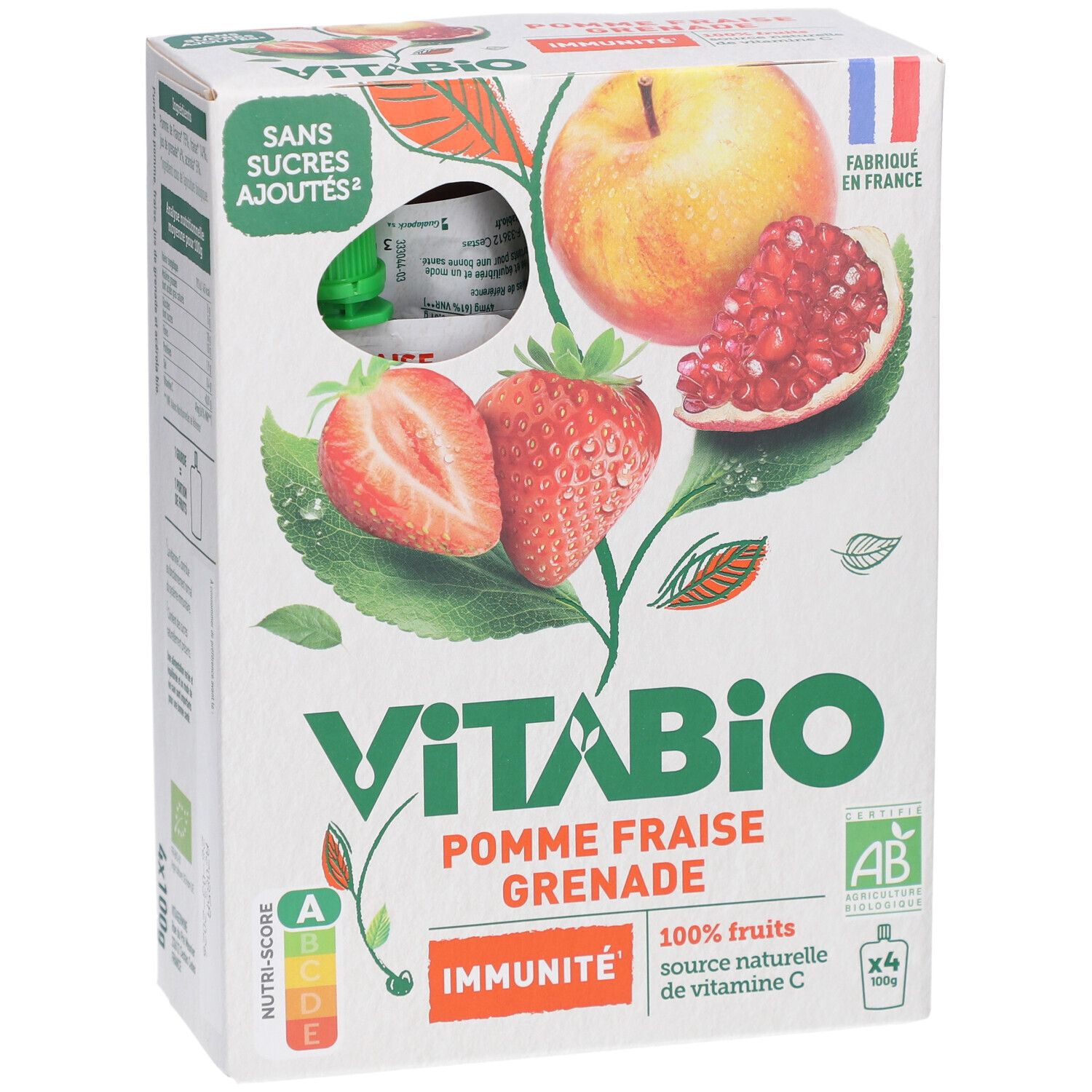 Boîte de VITABIO Gourdes de Fruits Pomme Fraise Grenade. Contient 4 gourdes. Label AB et drapeau français.