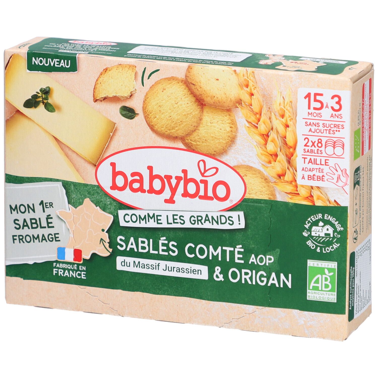Verpackung mit Babybio Sablés Comté AOP & Origan. Abbildung von Keksen, Käse und Kräutern. Mit Bio-Siegel.
