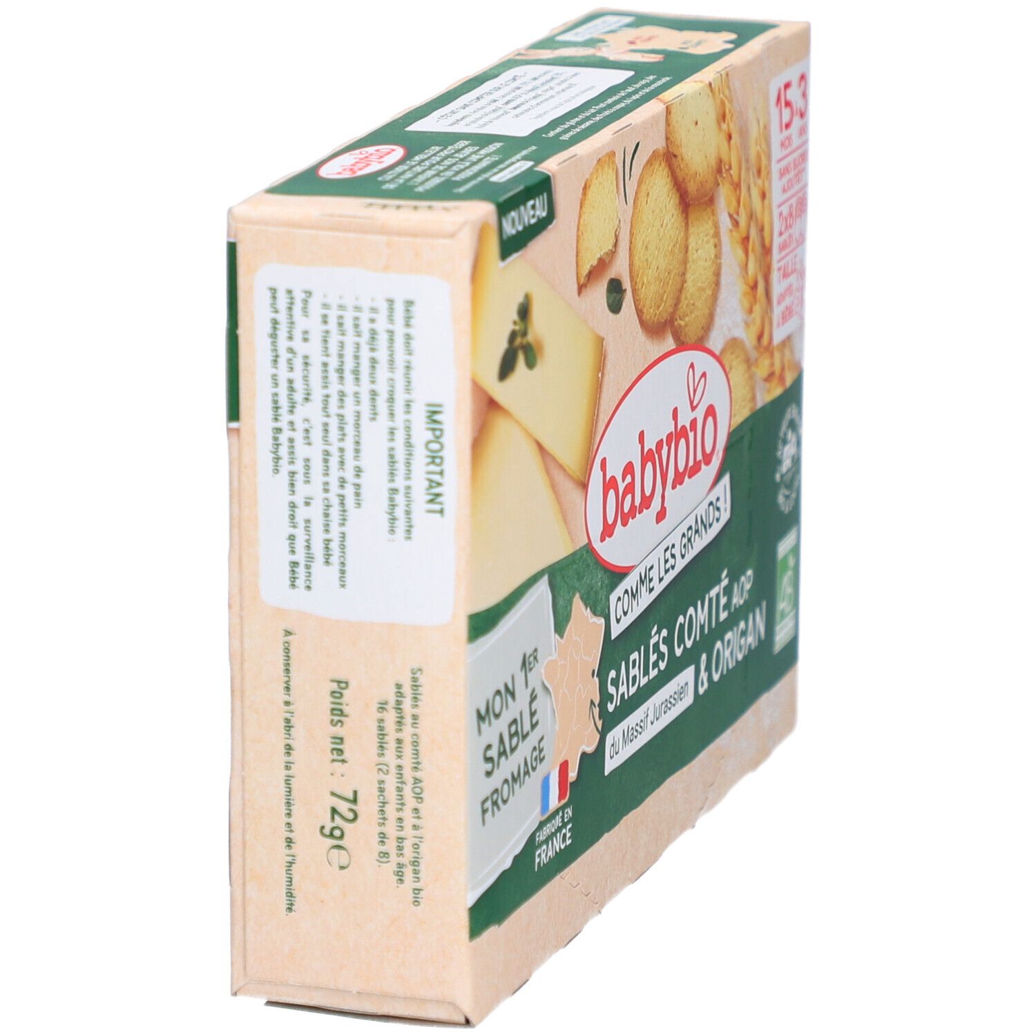 Seitenansicht der Babybio Sablés Comté AOP & Origan Verpackung. Text und Produktabbildungen. Bio-Siegel.