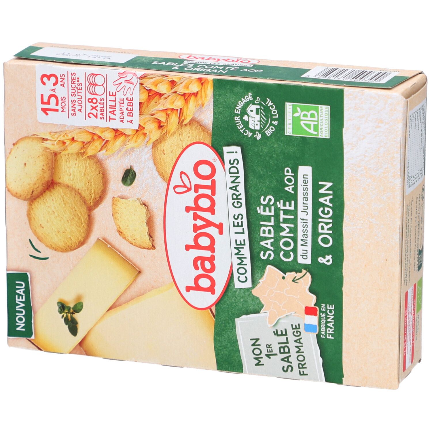 Babybio Sablés Comté AOP & Origan Verpackung. Abbildung von Keksen, Käse und Kräutern. Bio-Siegel.