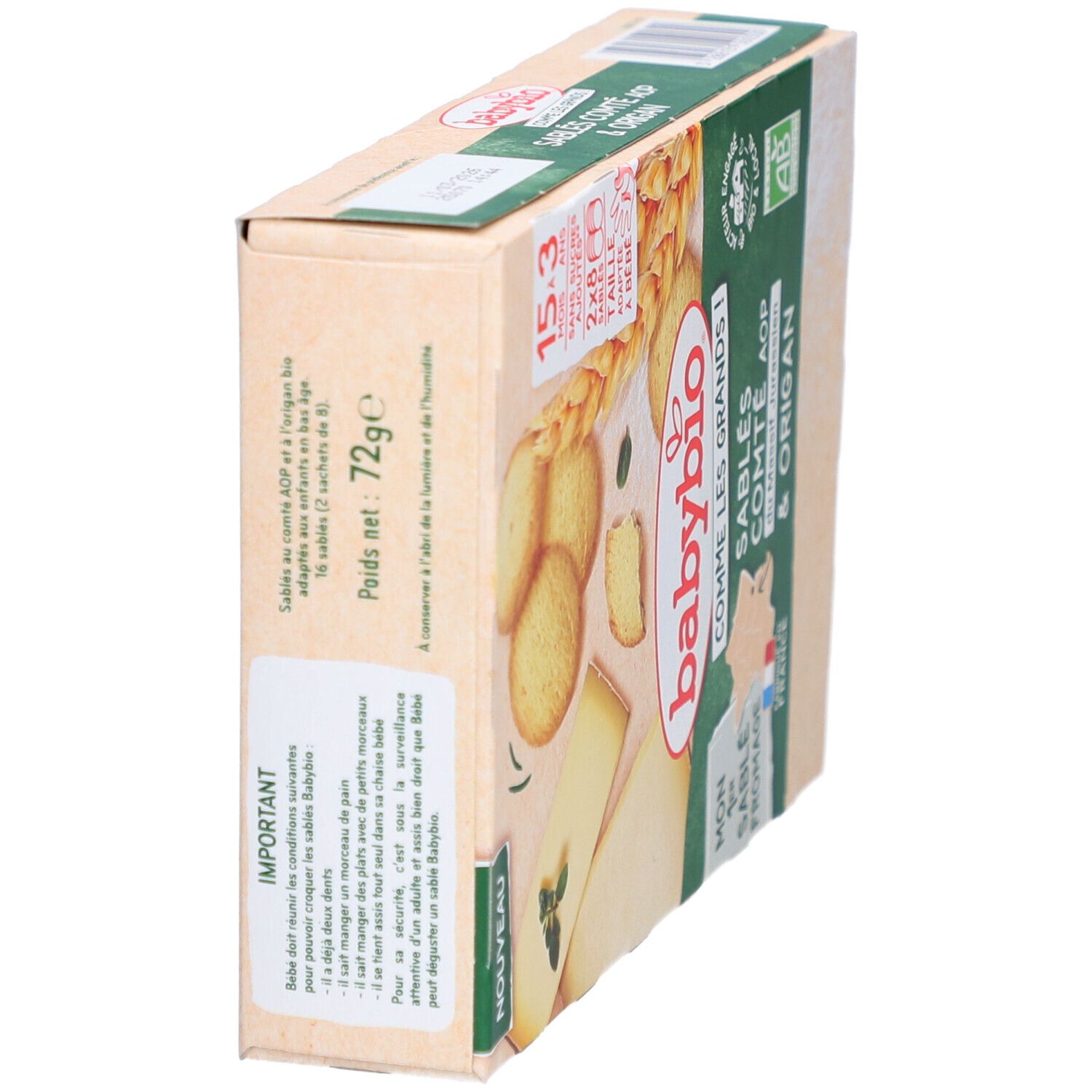 Seitenansicht der Babybio Sablés Comté AOP & Origan Verpackung. Text und Produktabbildungen. Bio-Siegel.