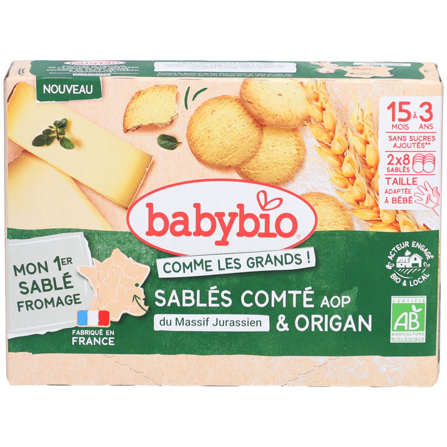 Babybio Sablés Comté AOP & Origan Verpackung. Abbildung von Keksen, Käse und Kräutern. Bio-Siegel.