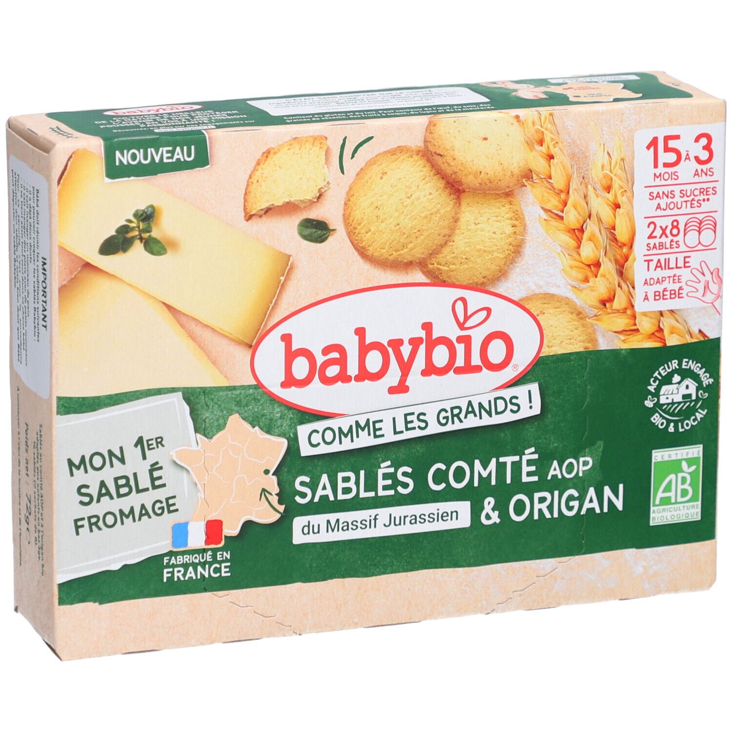 Babybio Sablés Comté AOP & Origan Verpackung. Abbildung von Keksen, Käse und Kräutern. Bio-Siegel.