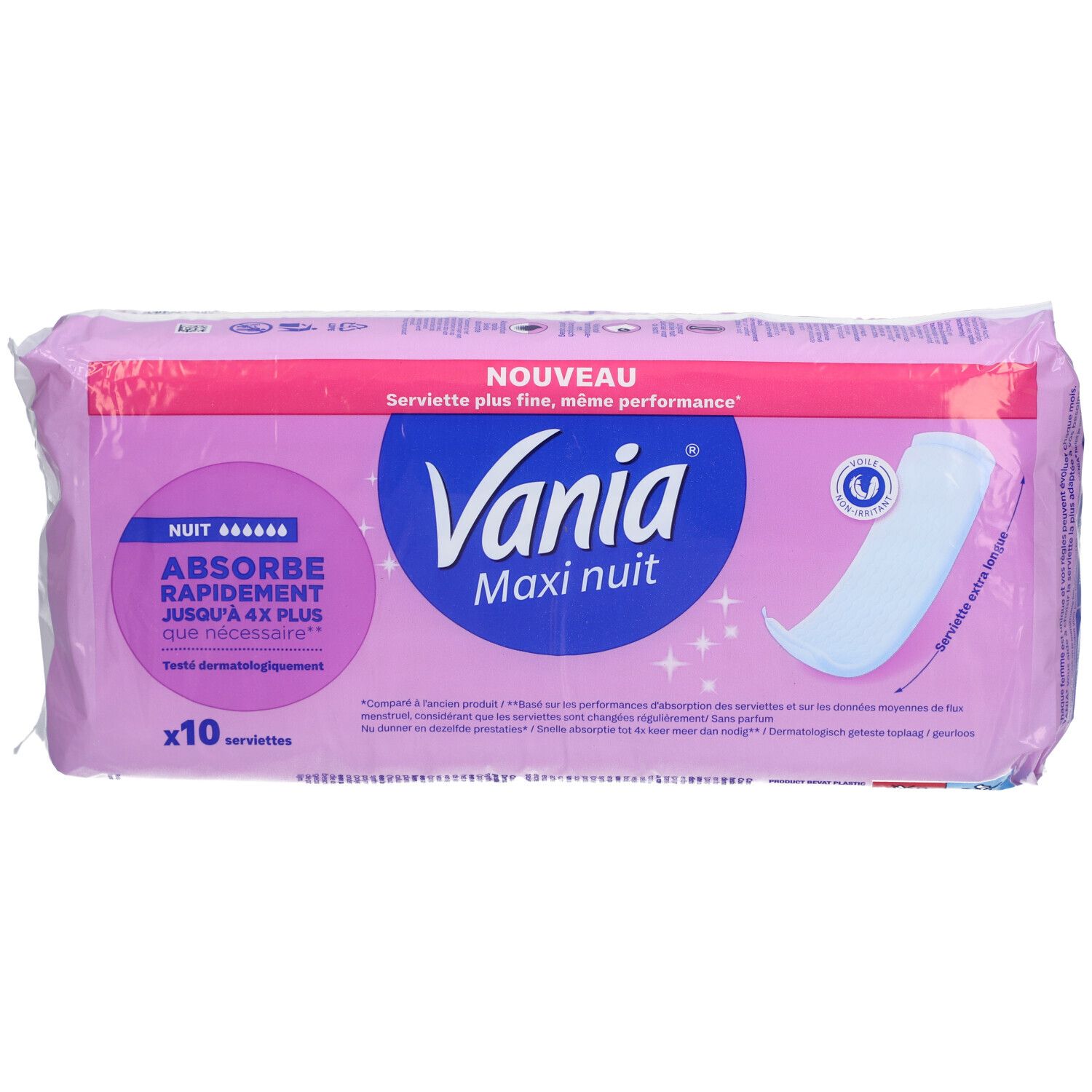 Verpackung mit Damenbinden. Rosa-weißes Design mit Produktnamen und Logo. 'Maxi nuit' und 'x10 serviettes' sichtbar.