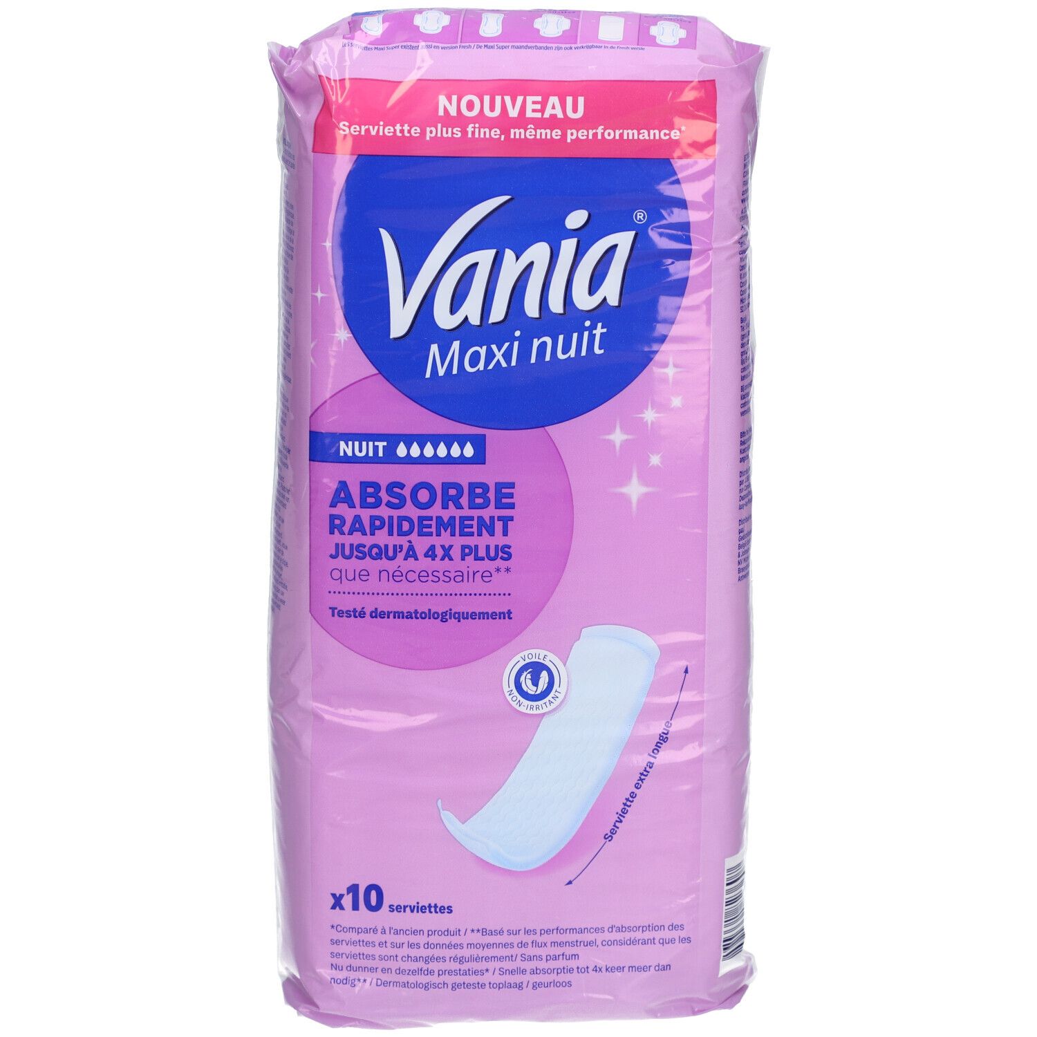 Verpackung mit Damenbinden. Rosa-weißes Design mit Produktnamen und Logo. 'Maxi nuit' und 'x10 serviettes' sind sichtbar.