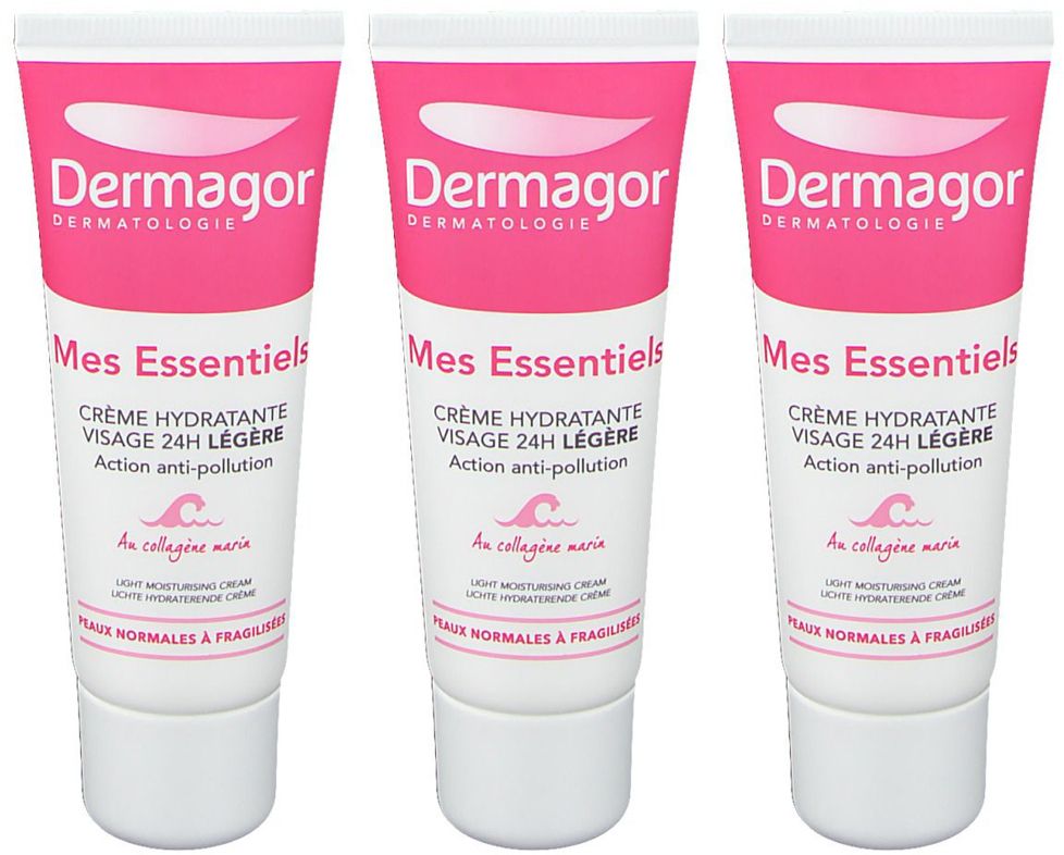 Drei Tuben Gesichtscreme. Rosa-weiße Verpackung mit Schriftzug "Dermagor Mes Essentiels". Text: Crème Hydratante Visage 24H Légère.