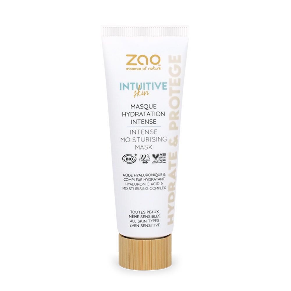 Witte tube met ZAO, INTUITIVE Skin, Masque Hydratation Intense. Houten dop. Bio-certificering. Tekst: Hydrate & Protège.