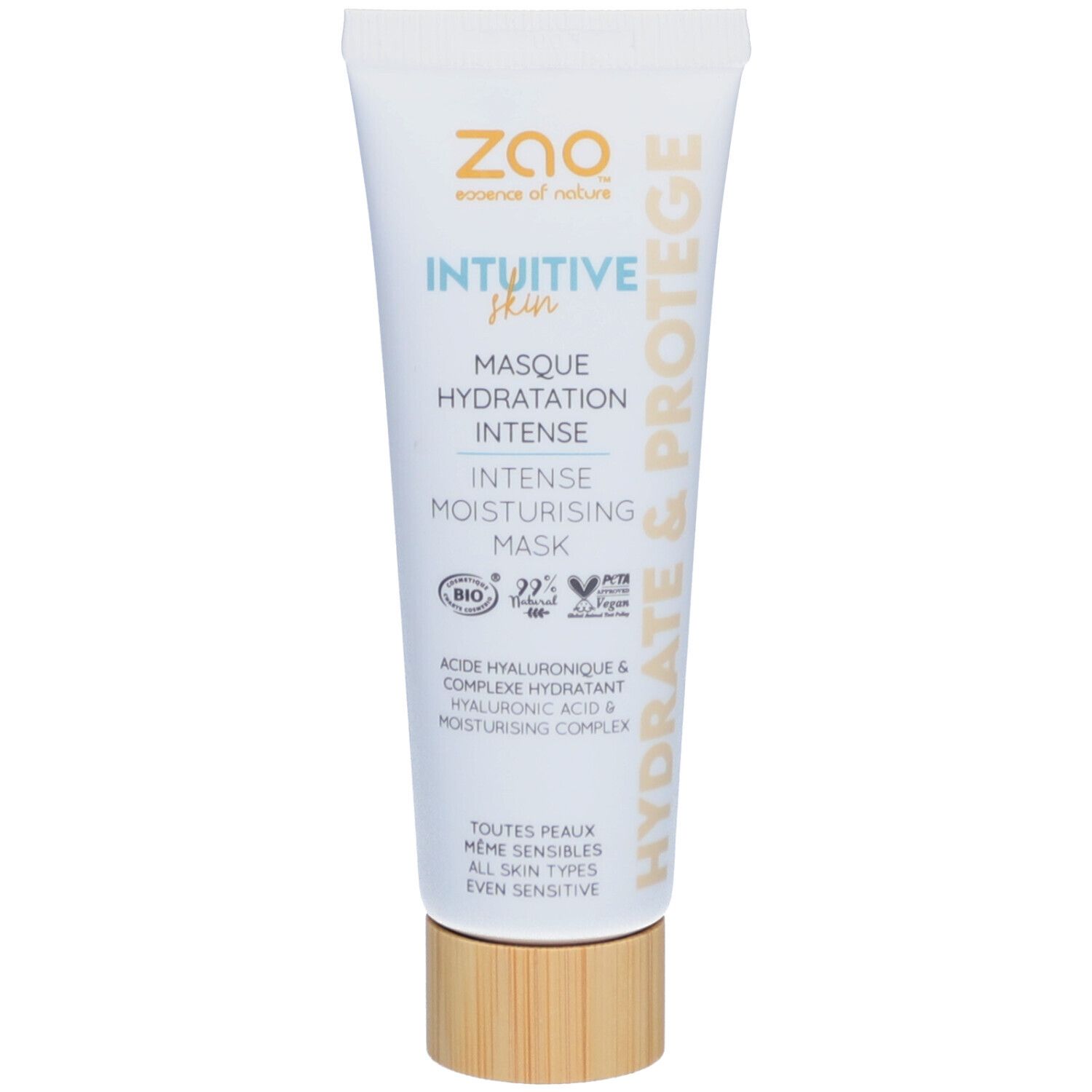 Witte tube ZAO, INTUITIVE Skin, Masque Hydratation Intense. Houten dop. Bio-certificering. Vooraanzicht.