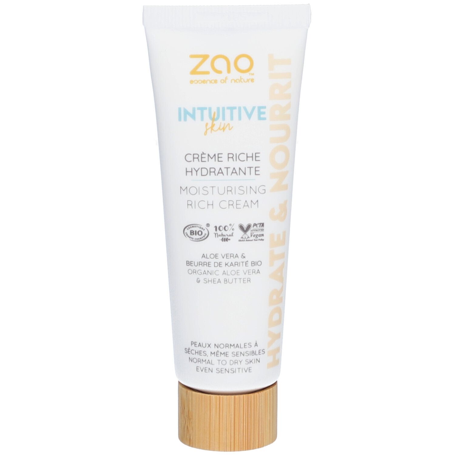Crèmetube met productnaam en logo. Tekst: Crème Riche Hydratante, Moisturising Rich Cream. Bio-certificering.