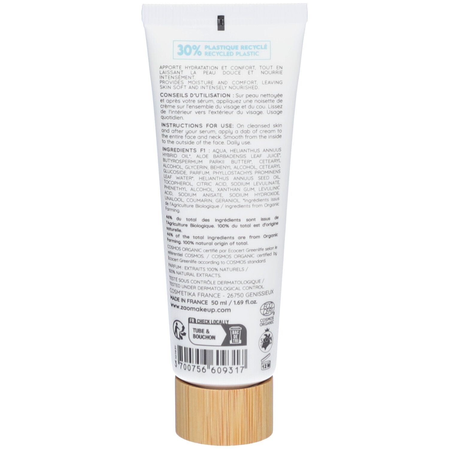 Achterkant van de crèmetube. Tekst: ingrediënten, gebruiksaanwijzing, bio-certificering, 30% gerecycled plastic.