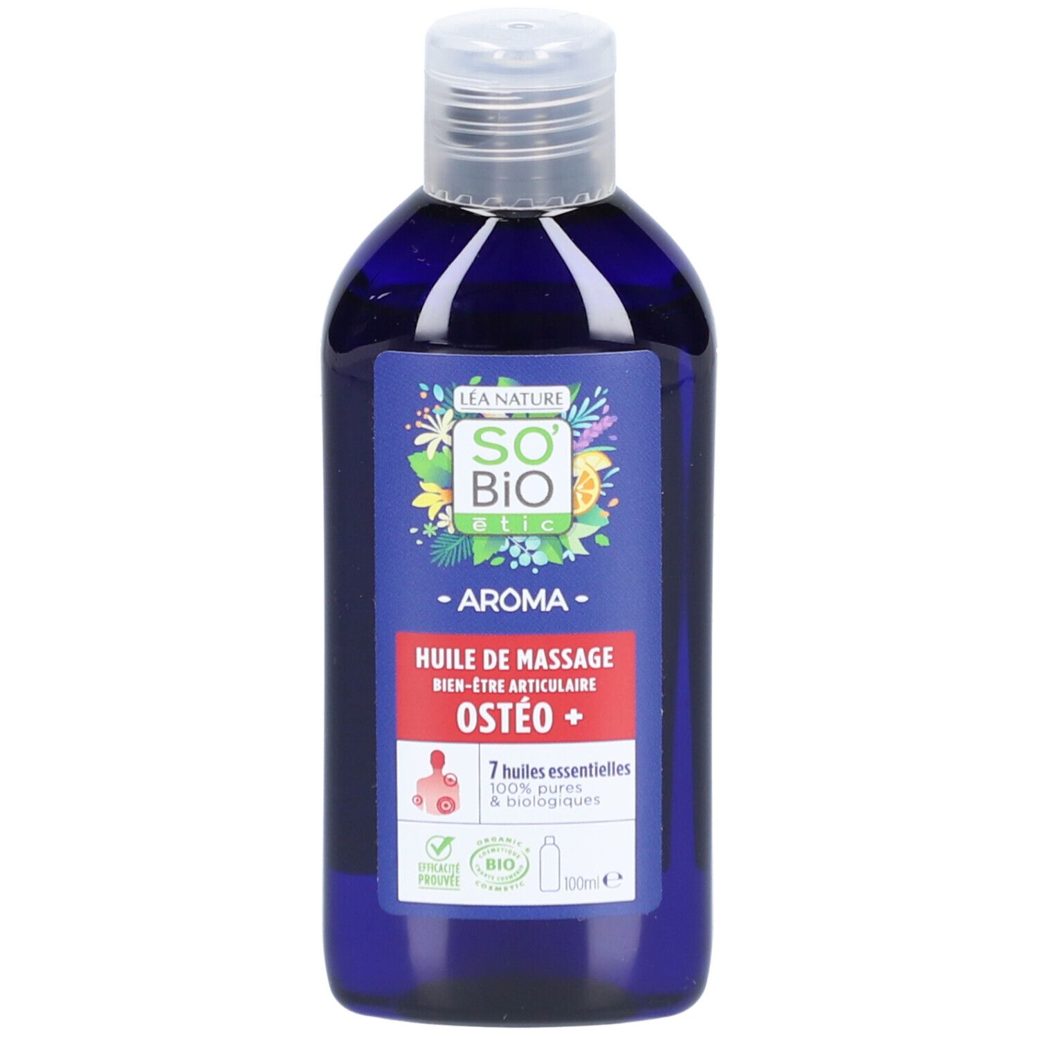Flacon bleu avec étiquette. Inscription: SO'BiO étic, Huile de Massage Ostéo+. 7 huiles essentielles, 100% pures & biologiques.