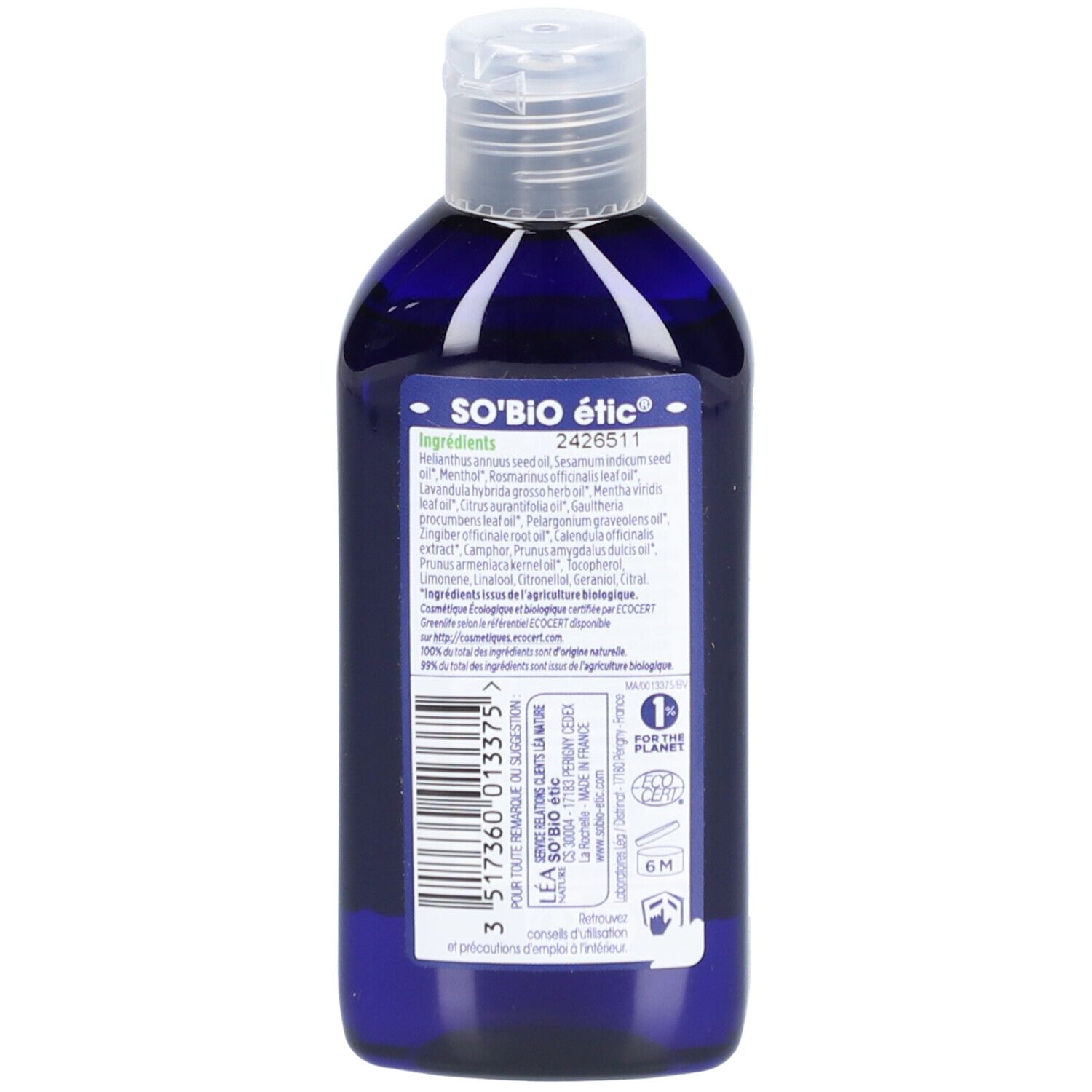 Dos du flacon bleu. Inscription: SO'BiO étic, ingrédients, 2426511. Labels: For the planet, 6M.