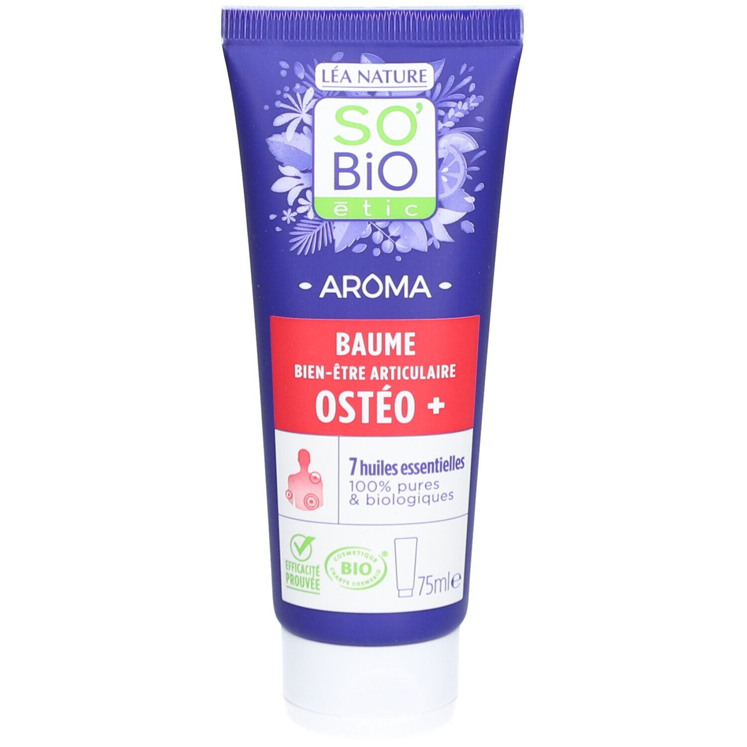 Tube bleu avec bande rouge. Inscription: SO BIO etic, Baume Ostéo+. 7 huiles essentielles. Certification bio.