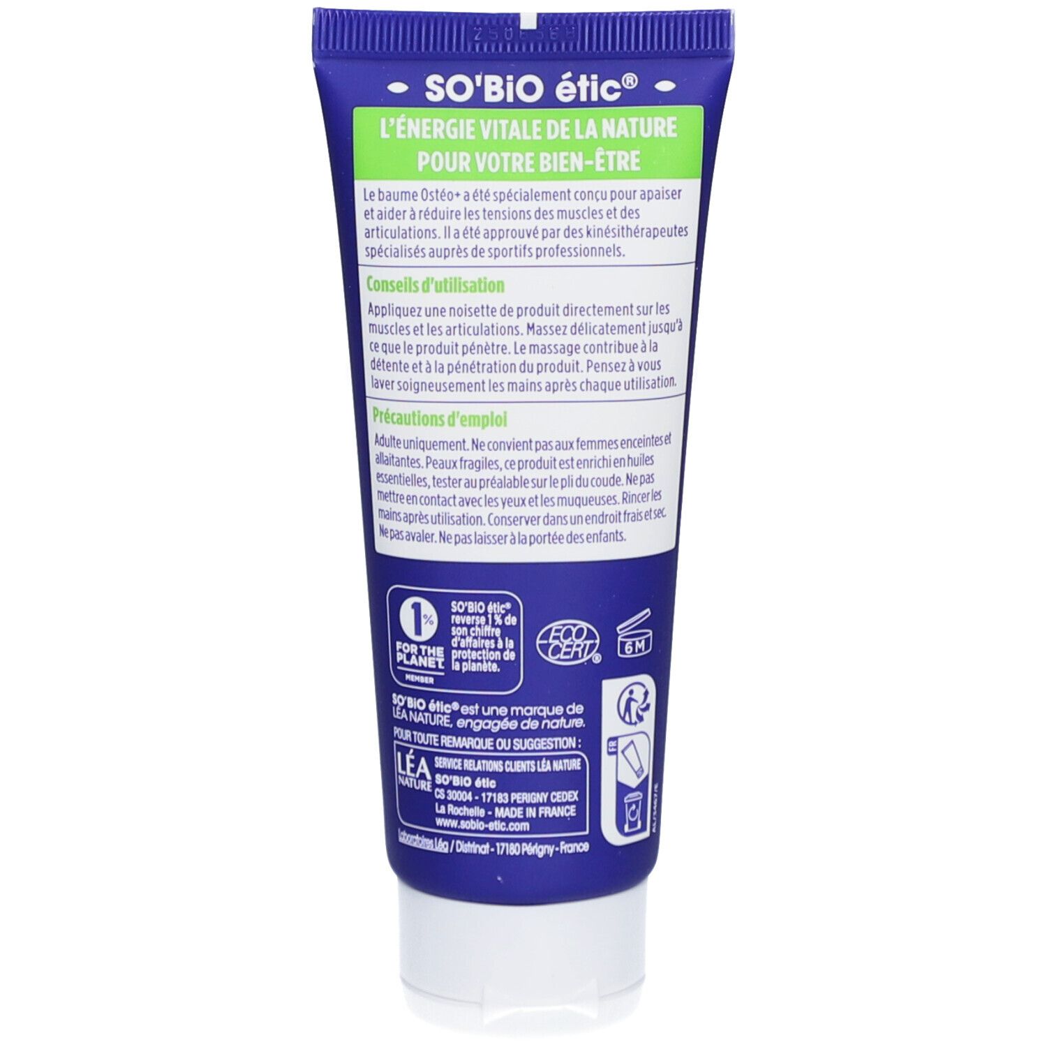 Dos du tube bleu. Texte sur l'utilisation et les précautions. Certification bio. 75ml.