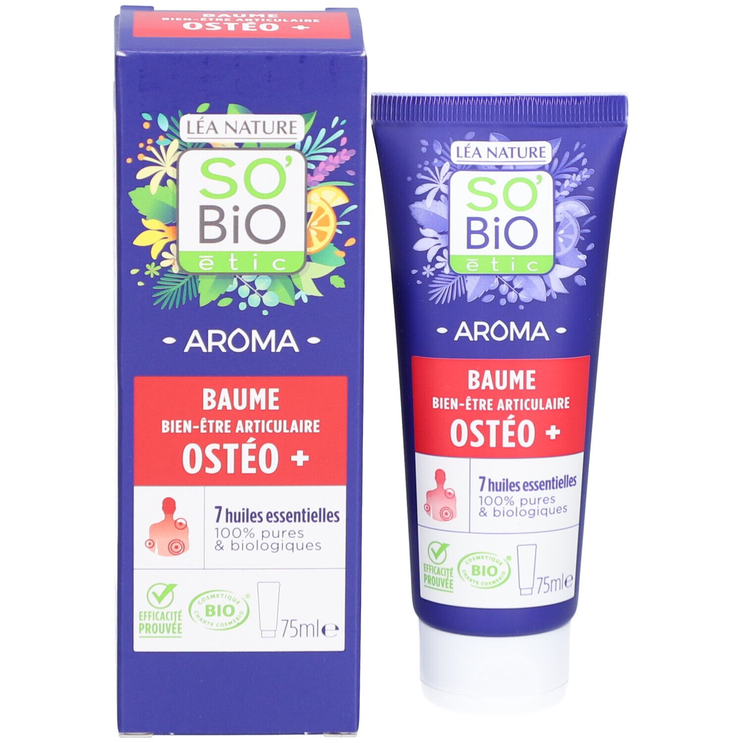 Emballage du produit: tube et boîte. Inscription: SO BIO etic, Baume Ostéo+. 7 huiles essentielles. Certification bio.