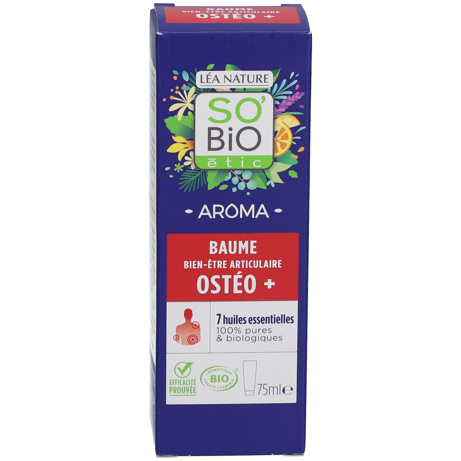 Boîte bleue avec bande rouge. Inscription: SO BIO etic, Baume Ostéo+. 7 huiles essentielles. Certification bio.