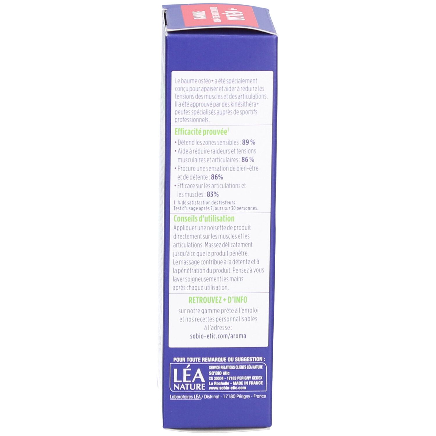 Dos de la boîte bleue. Texte sur l'utilisation et les résultats. Certification bio. 75ml.
