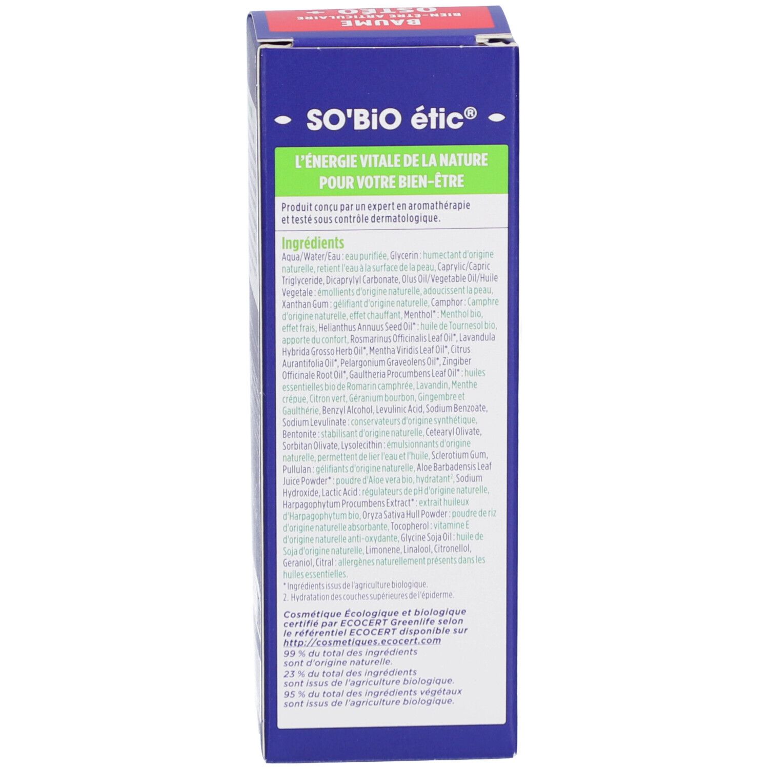 Côté de la boîte bleue. Liste des ingrédients. Éco-certification. 23% des ingrédients sont biologiques.
