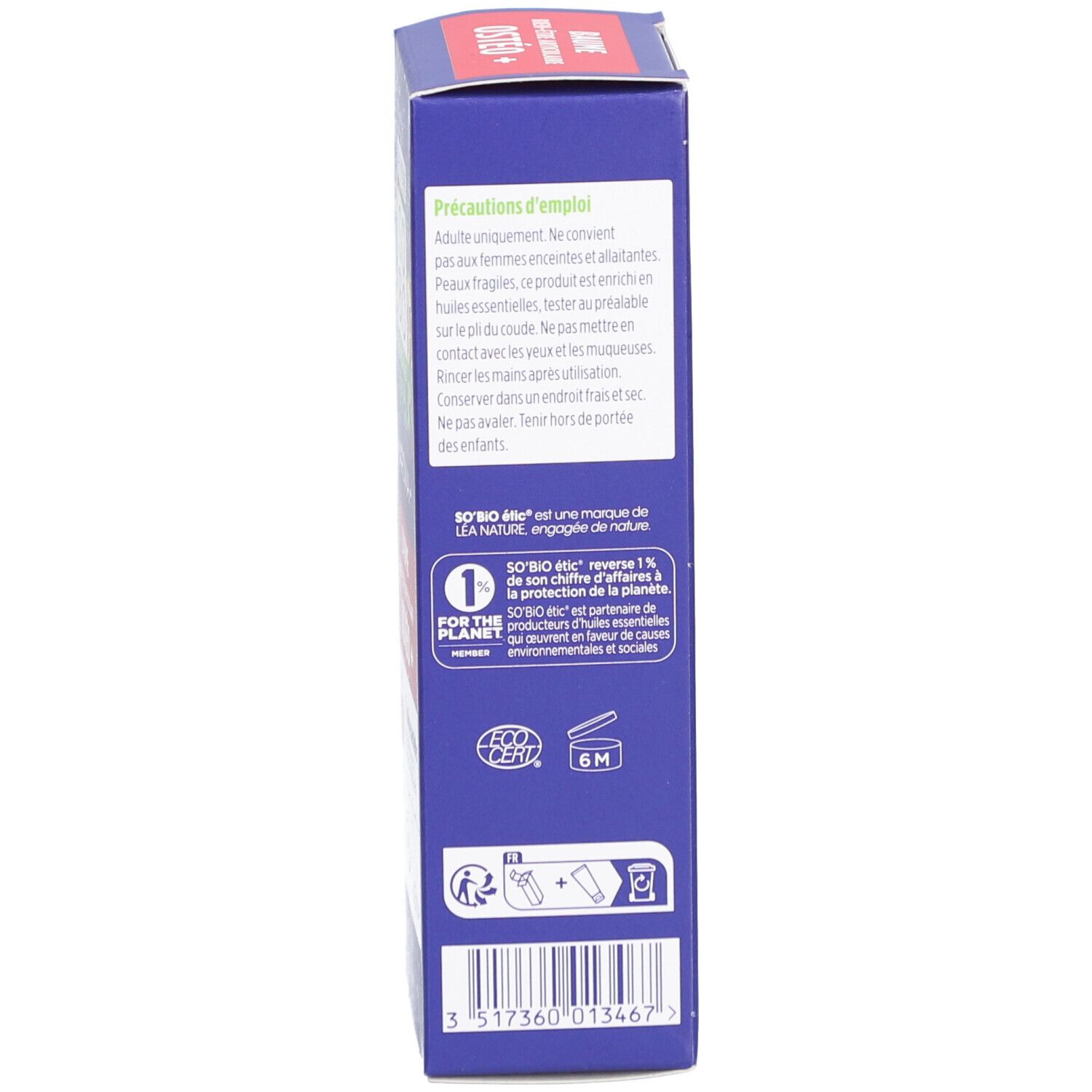 Côté de la boîte bleue. Précautions d'emploi. Éco-certification. Symbole 6M. Symbole de recyclage.