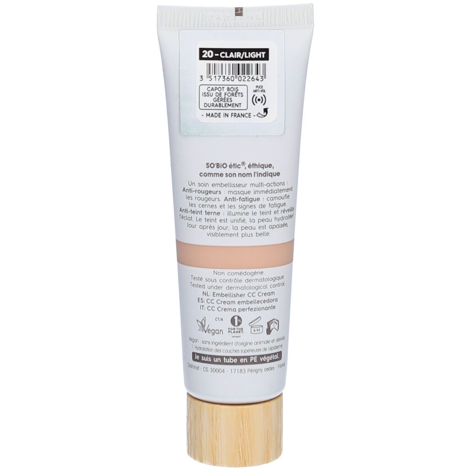 Dos du tube SO BIO ETIC CC Perfect. Texte et code-barres. Texte "20-Clair/Light". Label Vegan. Bouchon bois.