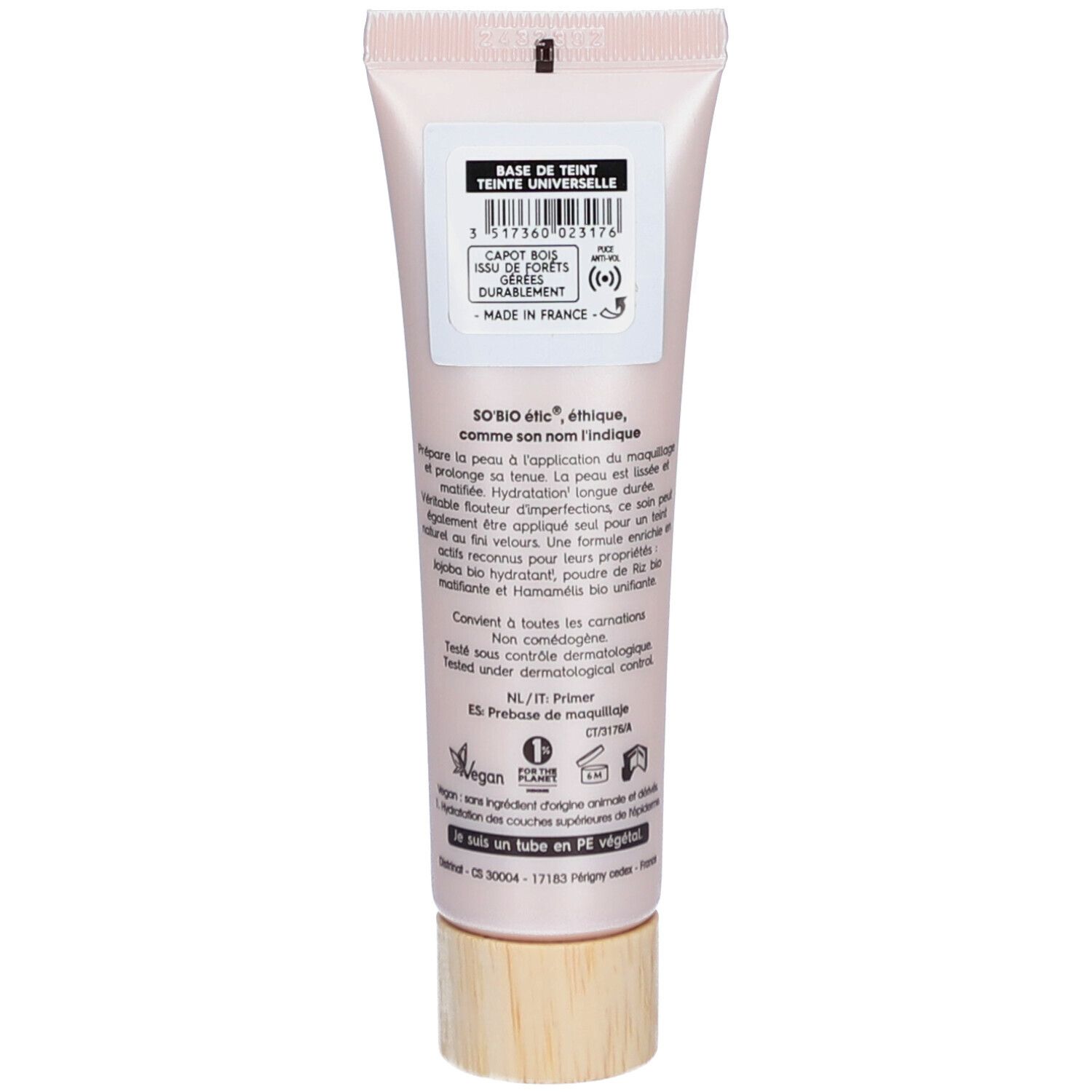 Dos du tube SO BIO ETIC Base de Teint. Texte, code-barres et informations produit.
