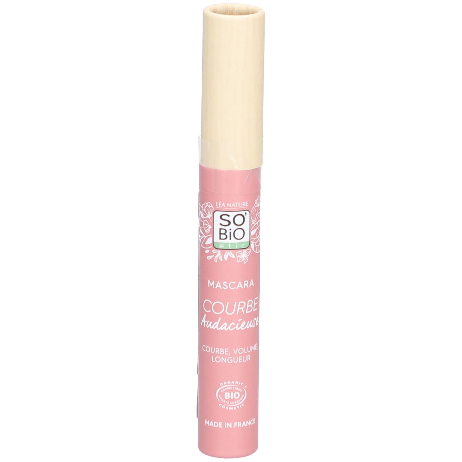 Tube de mascara rose avec bouchon beige. Texte: SO BIO, Mascara Courbe Audacieuse, logo vegan. Fabriqué en France.