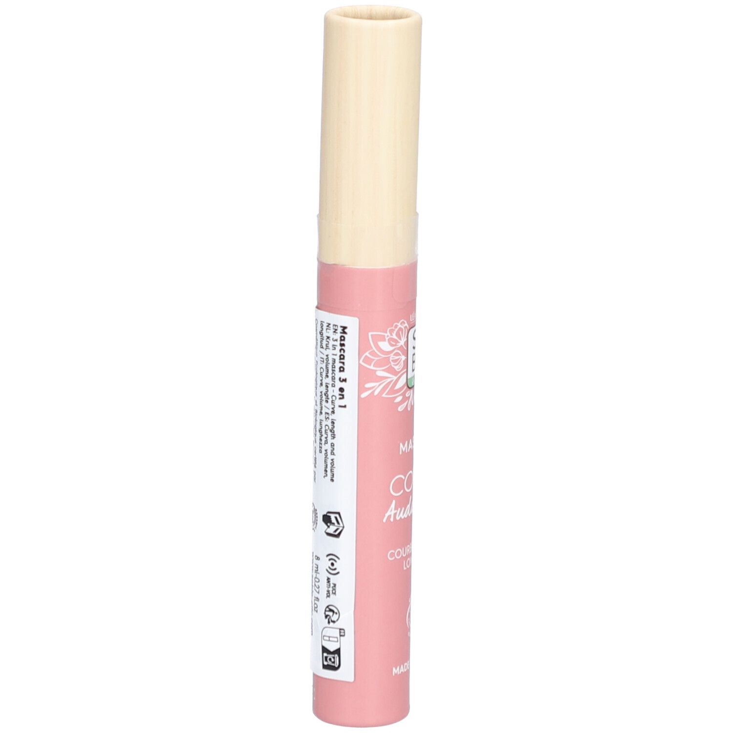 Tube de mascara rose avec bouchon beige. Texte: SO BIO, Mascara Courbe Audacieuse, logo vegan. Dos avec texte et logos.