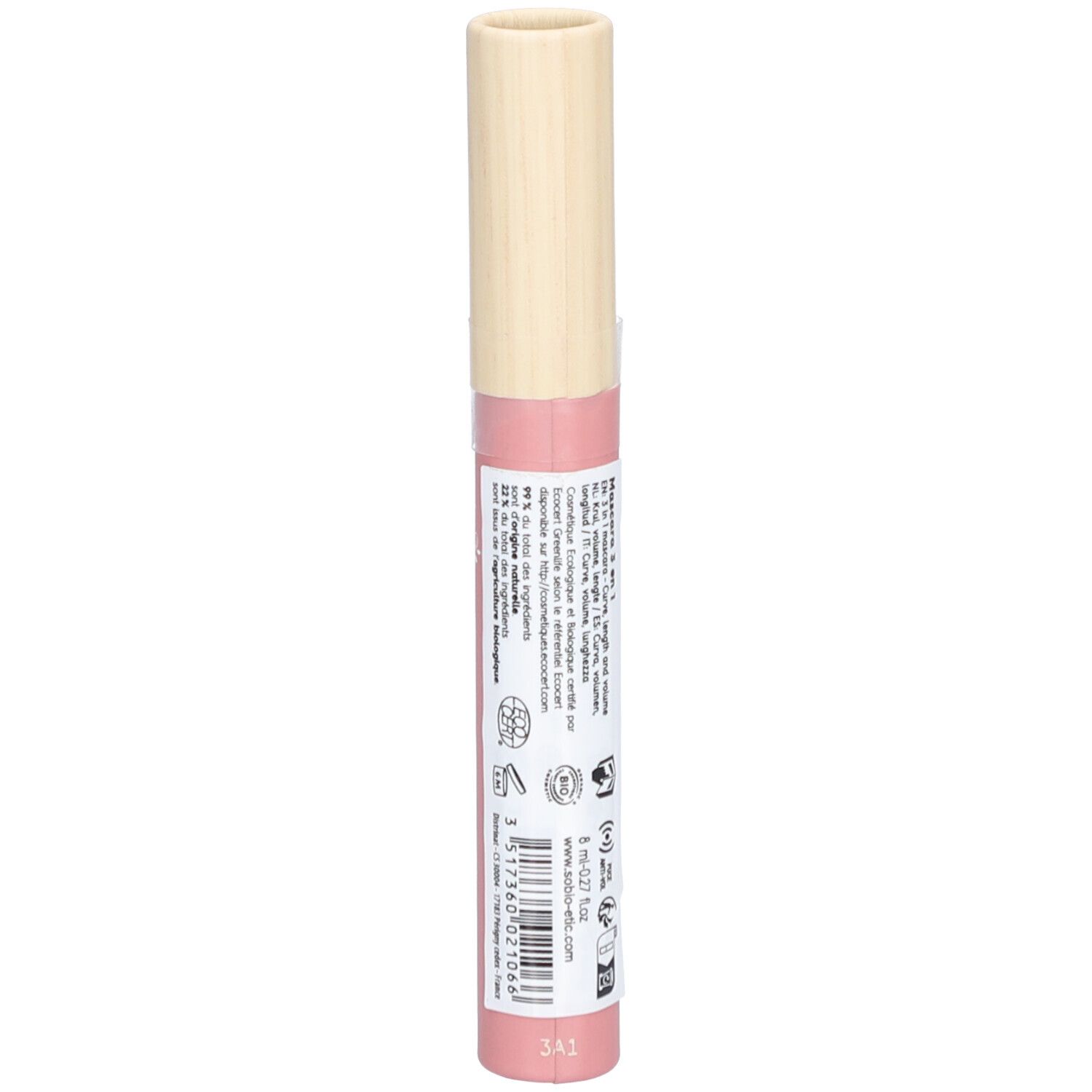 Tube de mascara rose avec bouchon beige. Dos avec texte et logos. Logo vegan. Fabriqué en France. Code-barres.