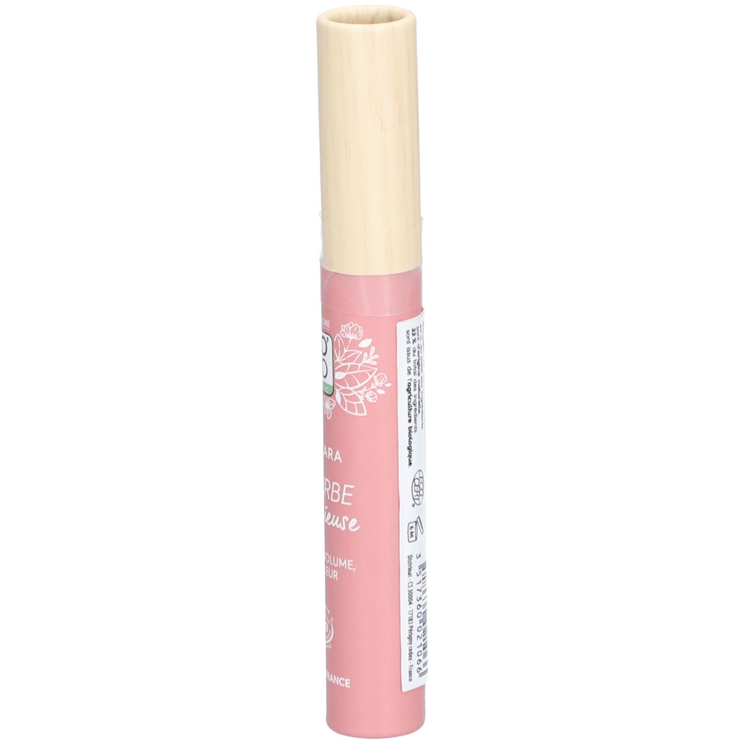 Tube de mascara rose avec bouchon beige. Dos avec texte et logos. Logo vegan. Fabriqué en France. Code-barres.