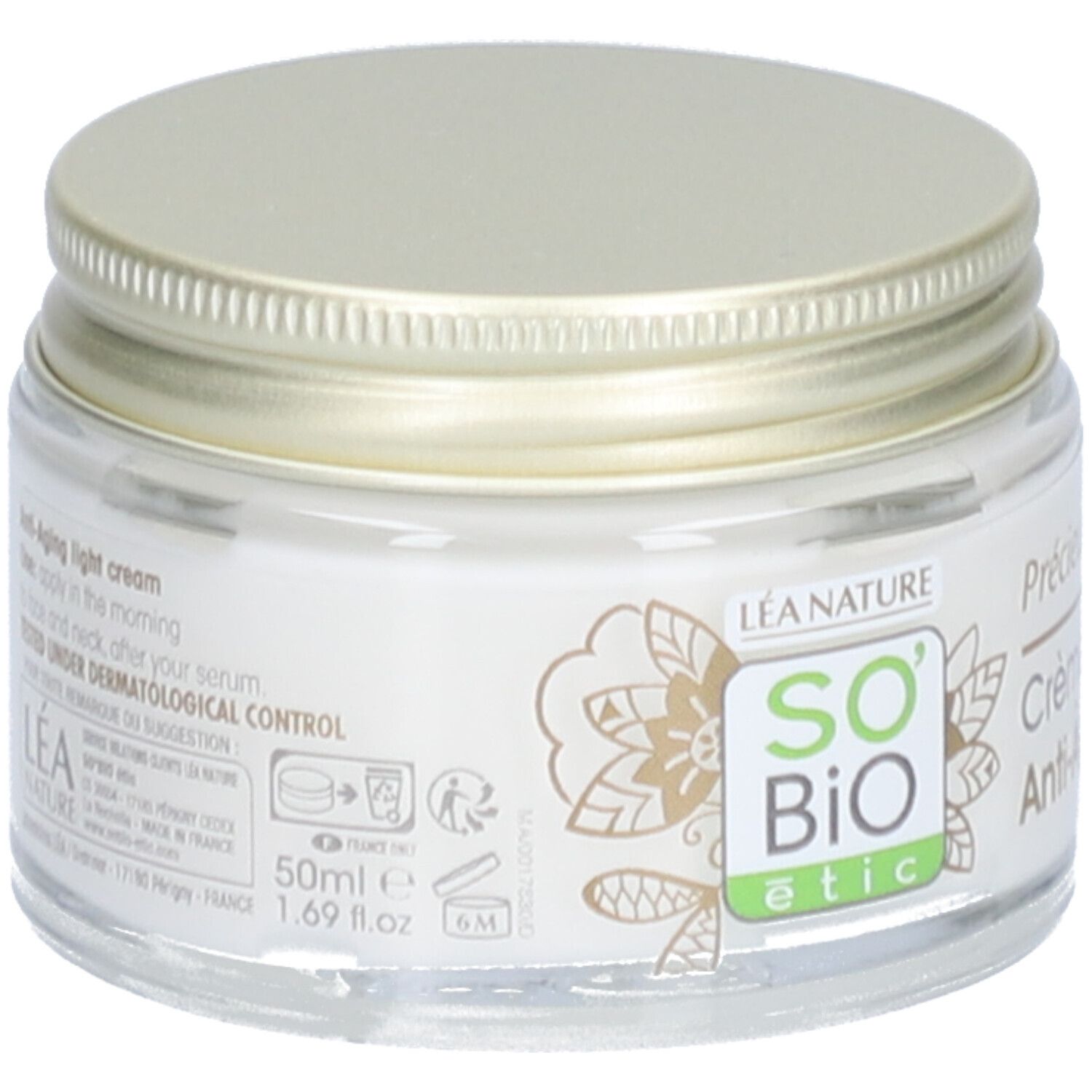 Pot de crème avec couvercle doré. Inscription: SO'BiO étic, Précieux Argan Crème Légère Anti-Âge.