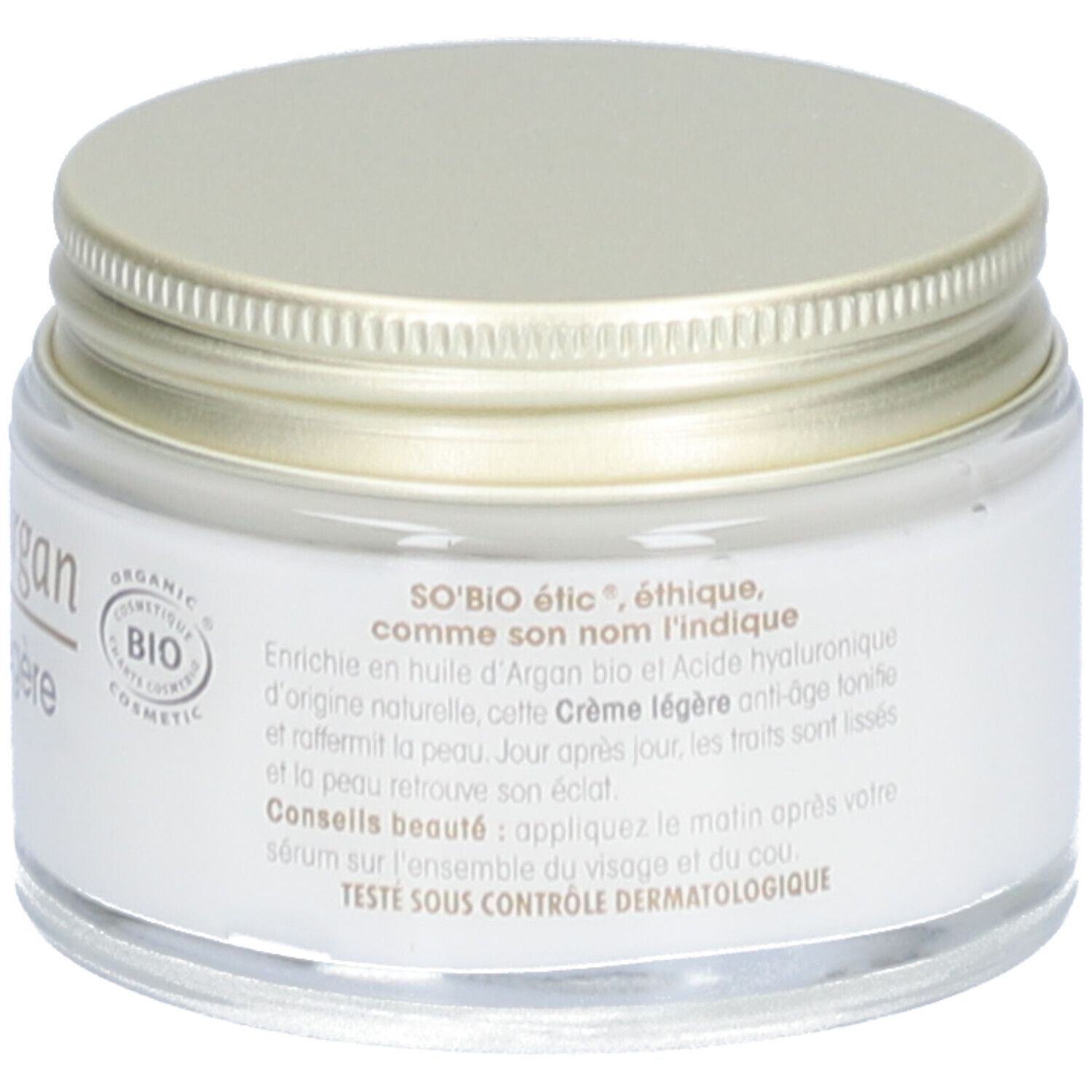 Pot de crème avec couvercle doré. Inscription: SO'BiO étic, Précieux Argan Crème Légère Anti-Âge. Certification bio.