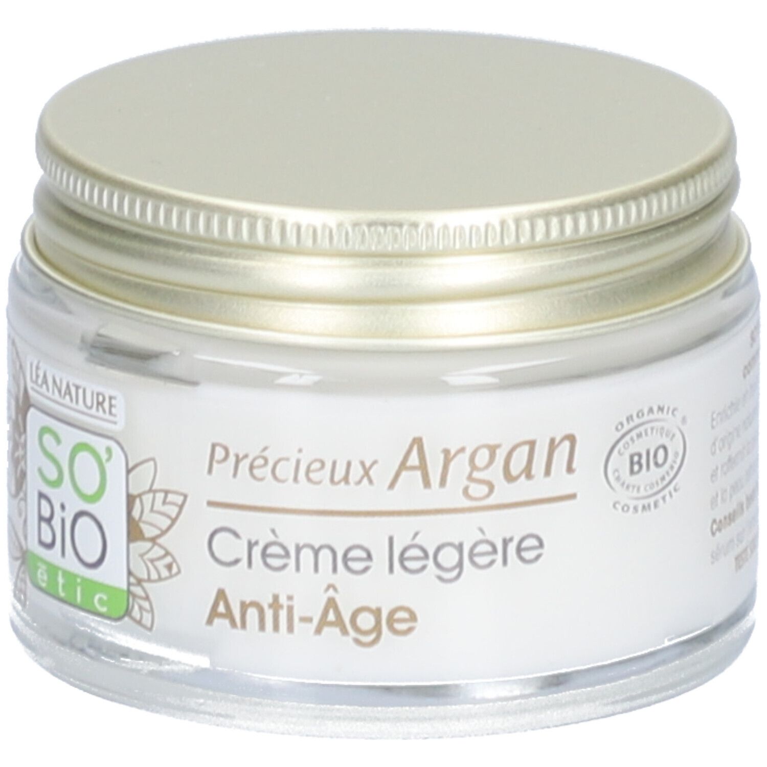 Pot de crème avec couvercle doré. Inscription: Précieux Argan Crème légère Anti-Âge. Certification bio.