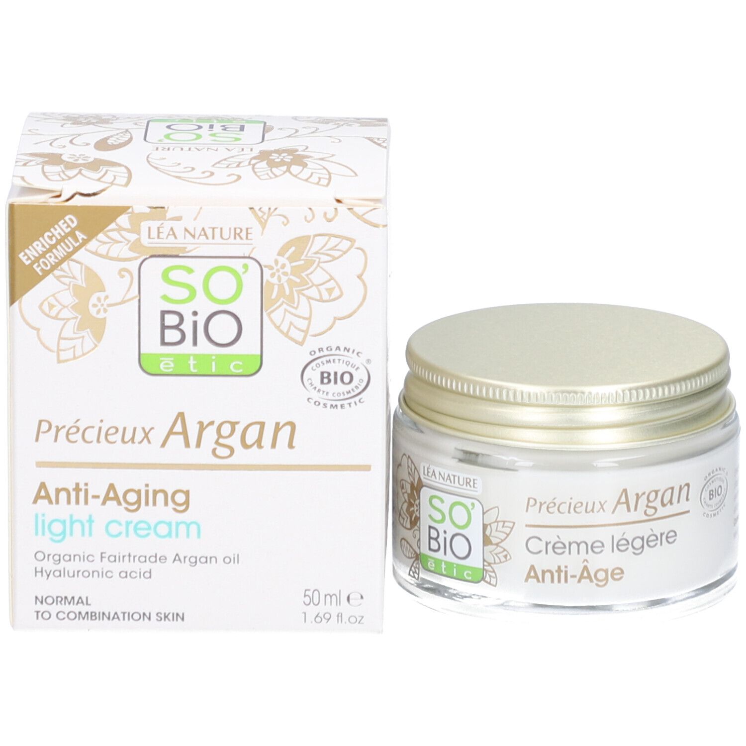 Pot de crème et carton. Inscription: Précieux Argan Anti-Aging light cream. 50ml. Certification bio.