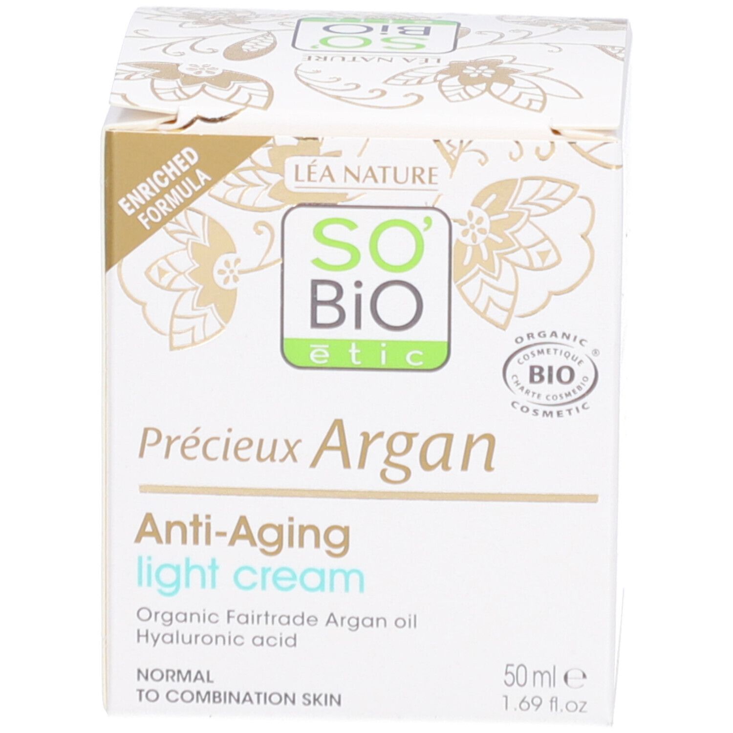 Boîte en carton. Inscription: Précieux Argan Anti-Aging light cream. 50ml. Pour peaux normales à mixtes.