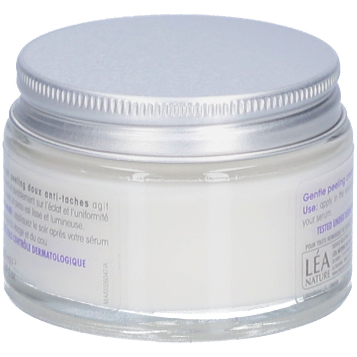 Crème en pot avec couvercle argenté. Inscription: SO BIO étic, Gentle peeling cream - NIGHT. Testé sous contrôle dermatologique.