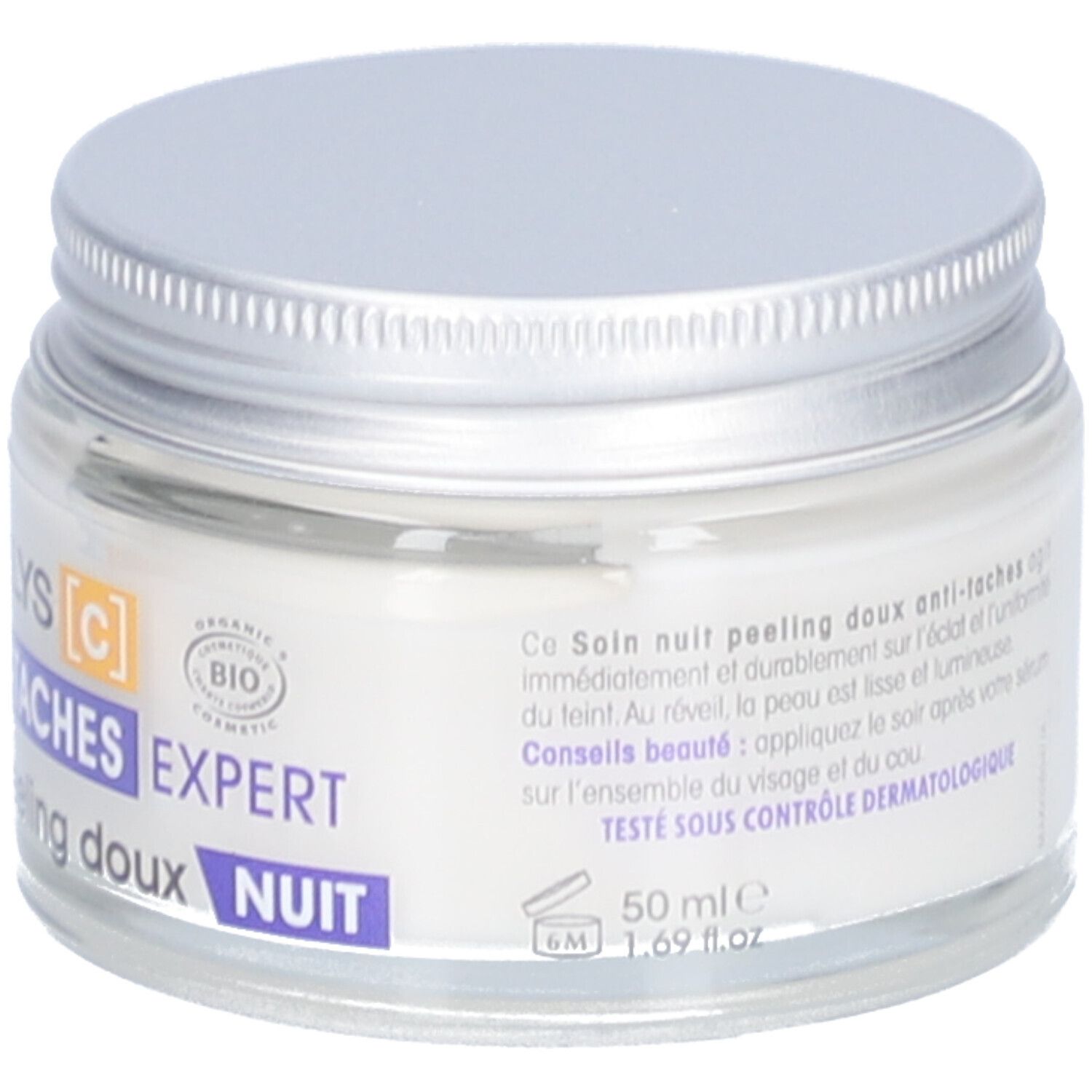 Crème en pot avec couvercle argenté. Inscription: Lumi'Lys Anti-Taches Expert Nuit, 50 ml. Avec certification bio.